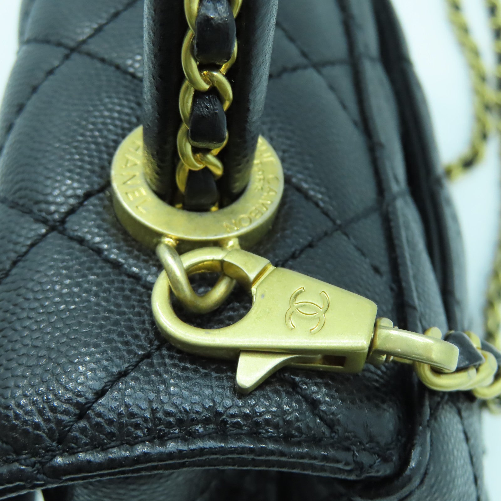 CHANEL 菱格牛皮皮革Chain Shoulder Bag金扣鏈帶手挽肩背兩用袋黑色