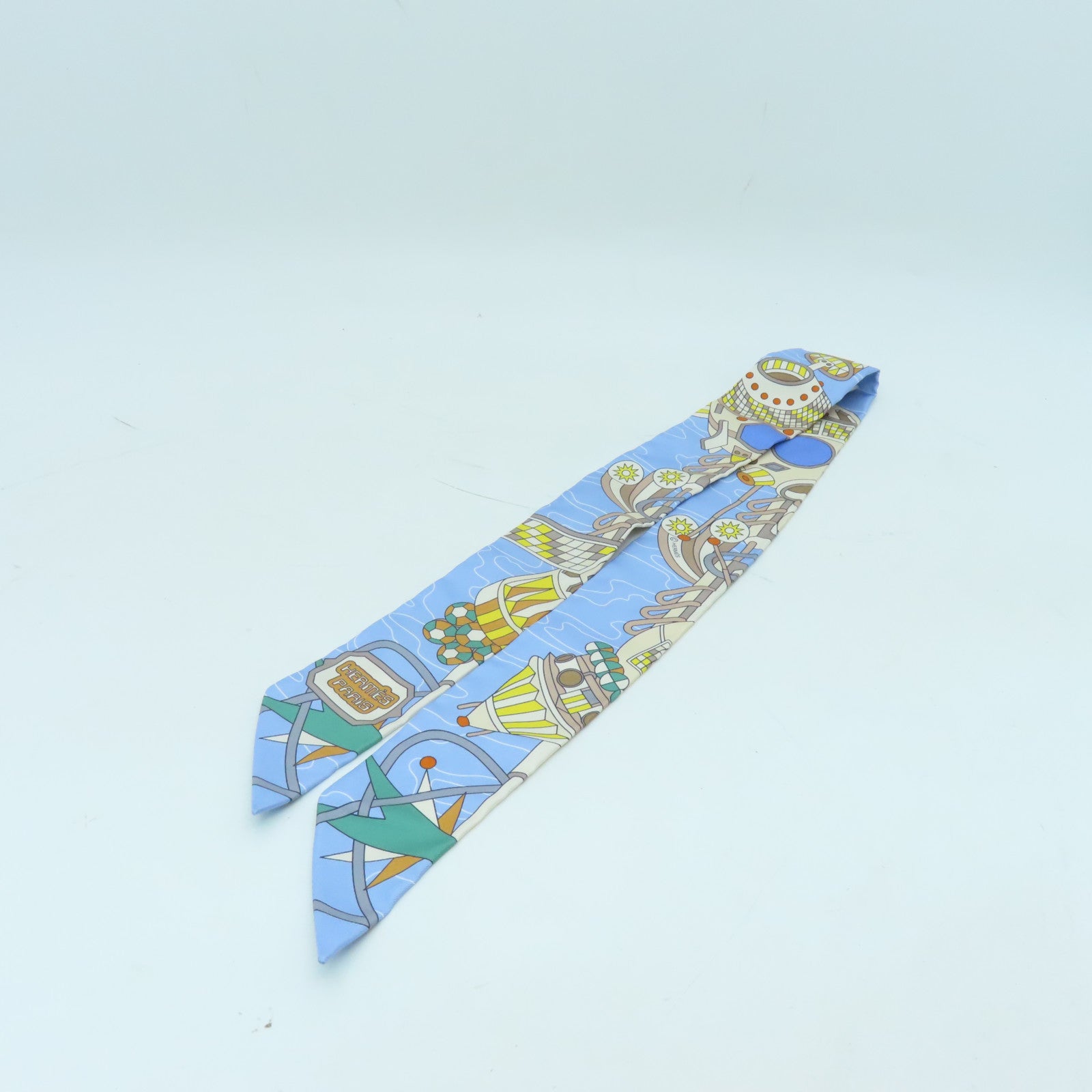 HERMES Silk Twilly Scarf Blue/Yellow/Green