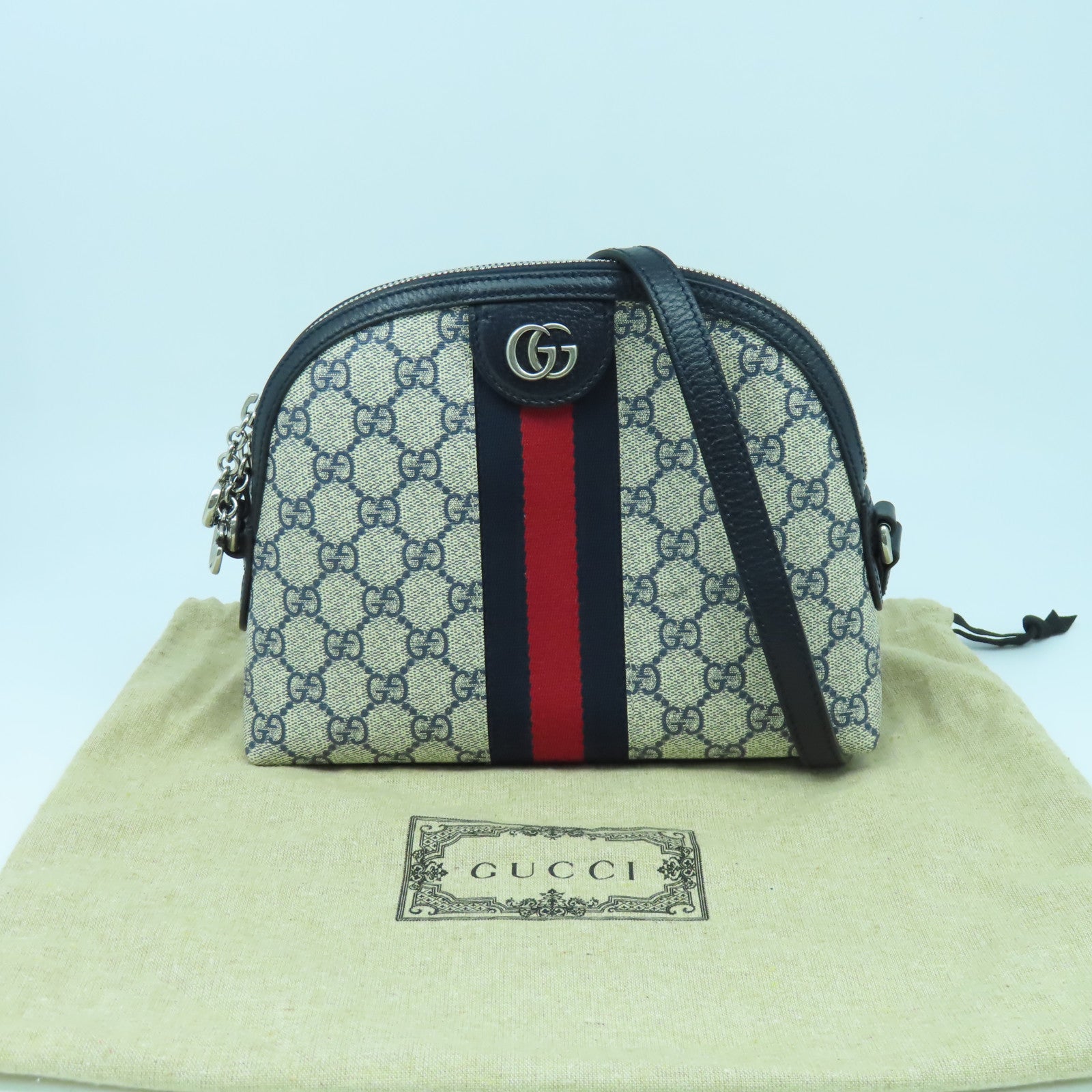 GUCCI 塗層帆布Ophidia銀扣肩背袋深藍色/米色