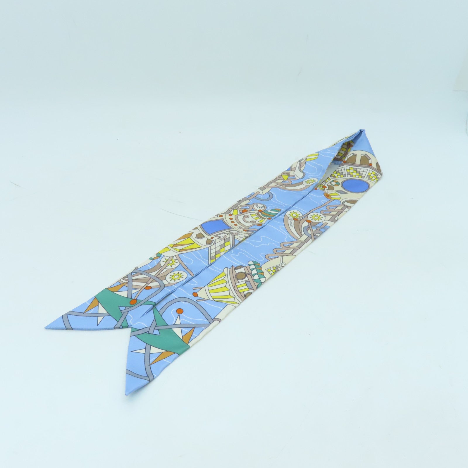 HERMES Silk Twilly Scarf Blue/Yellow/Green