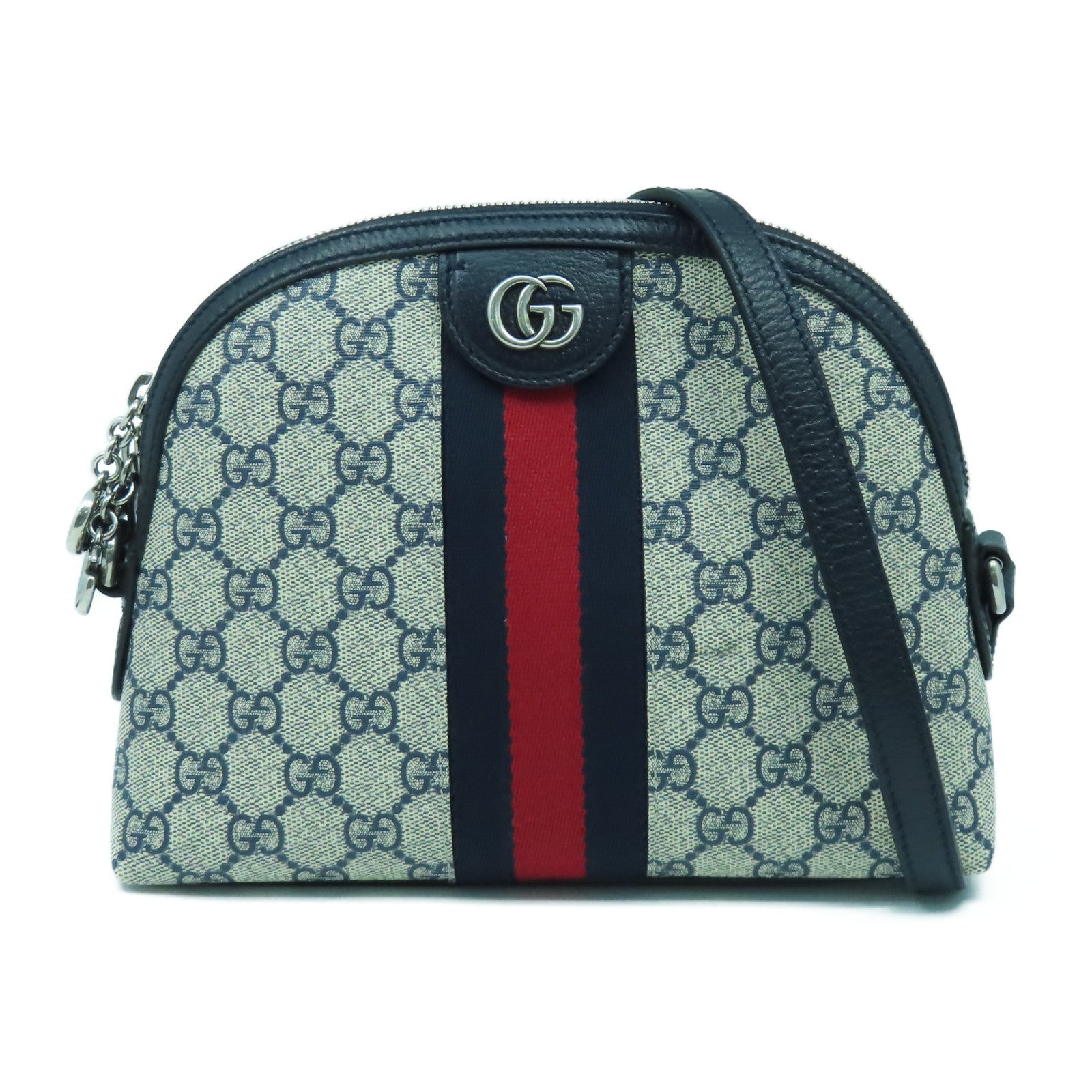 GUCCI 塗層帆布Ophidia銀扣肩背袋深藍色/米色