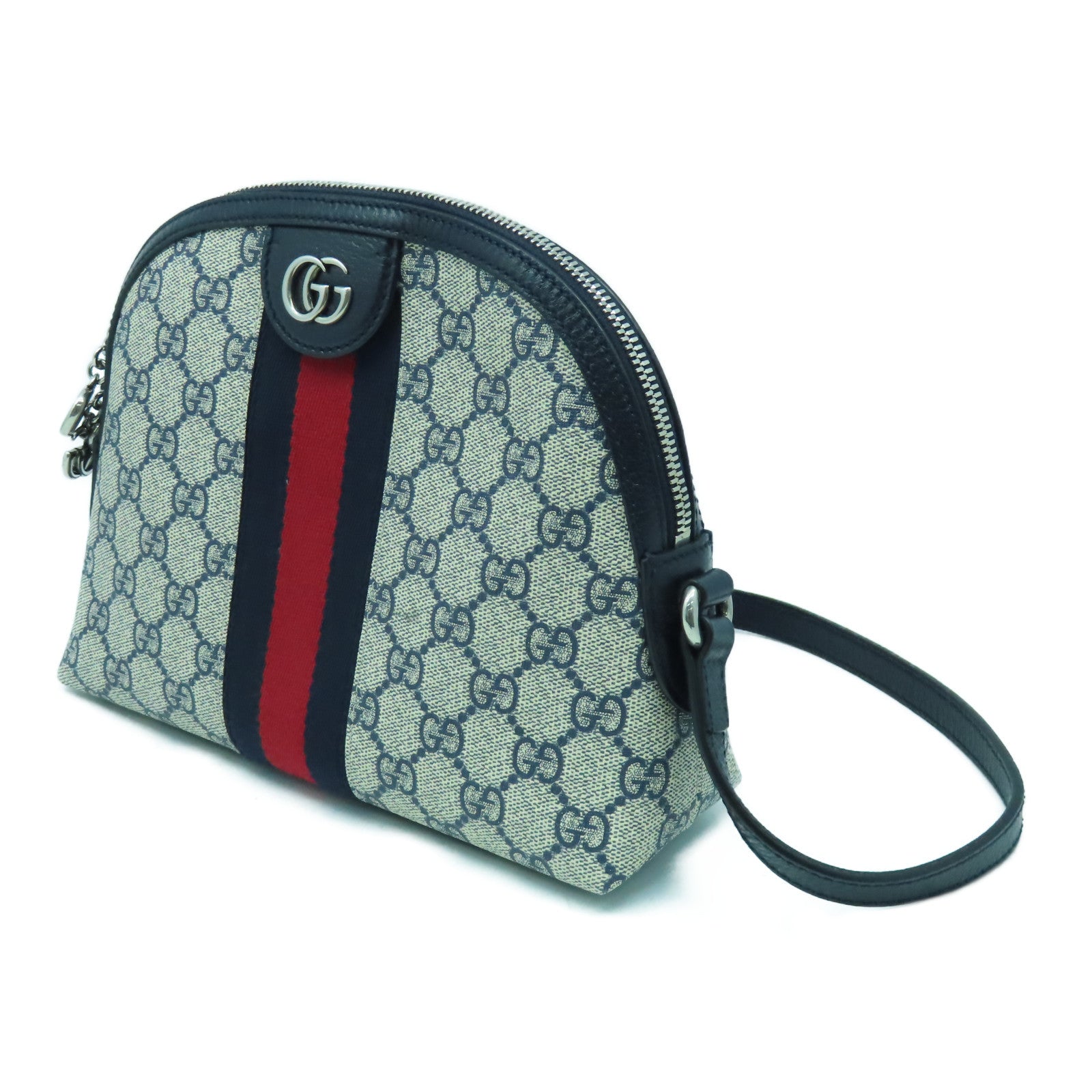 GUCCI 塗層帆布Ophidia銀扣肩背袋深藍色/米色