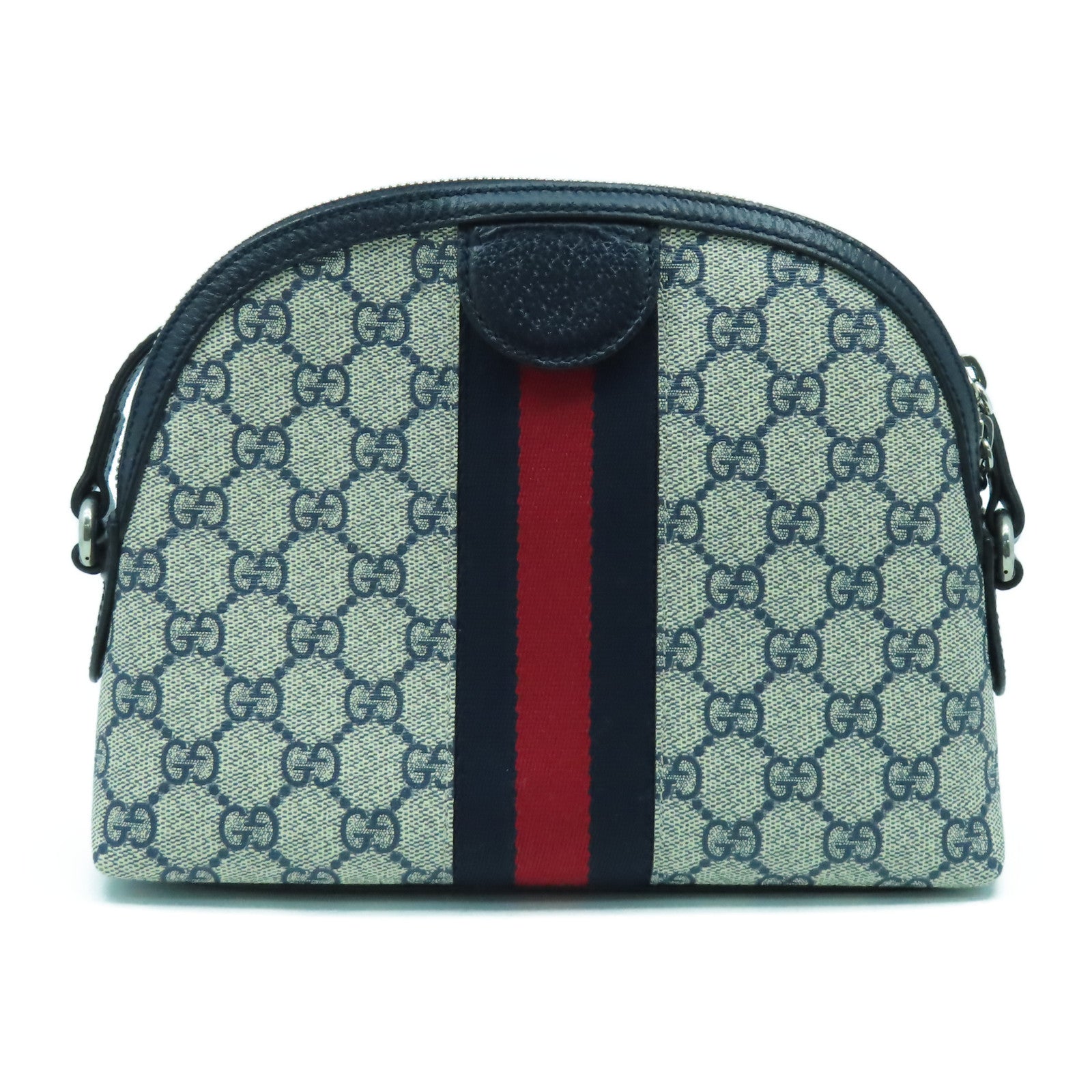 GUCCI 塗層帆布Ophidia銀扣肩背袋深藍色/米色