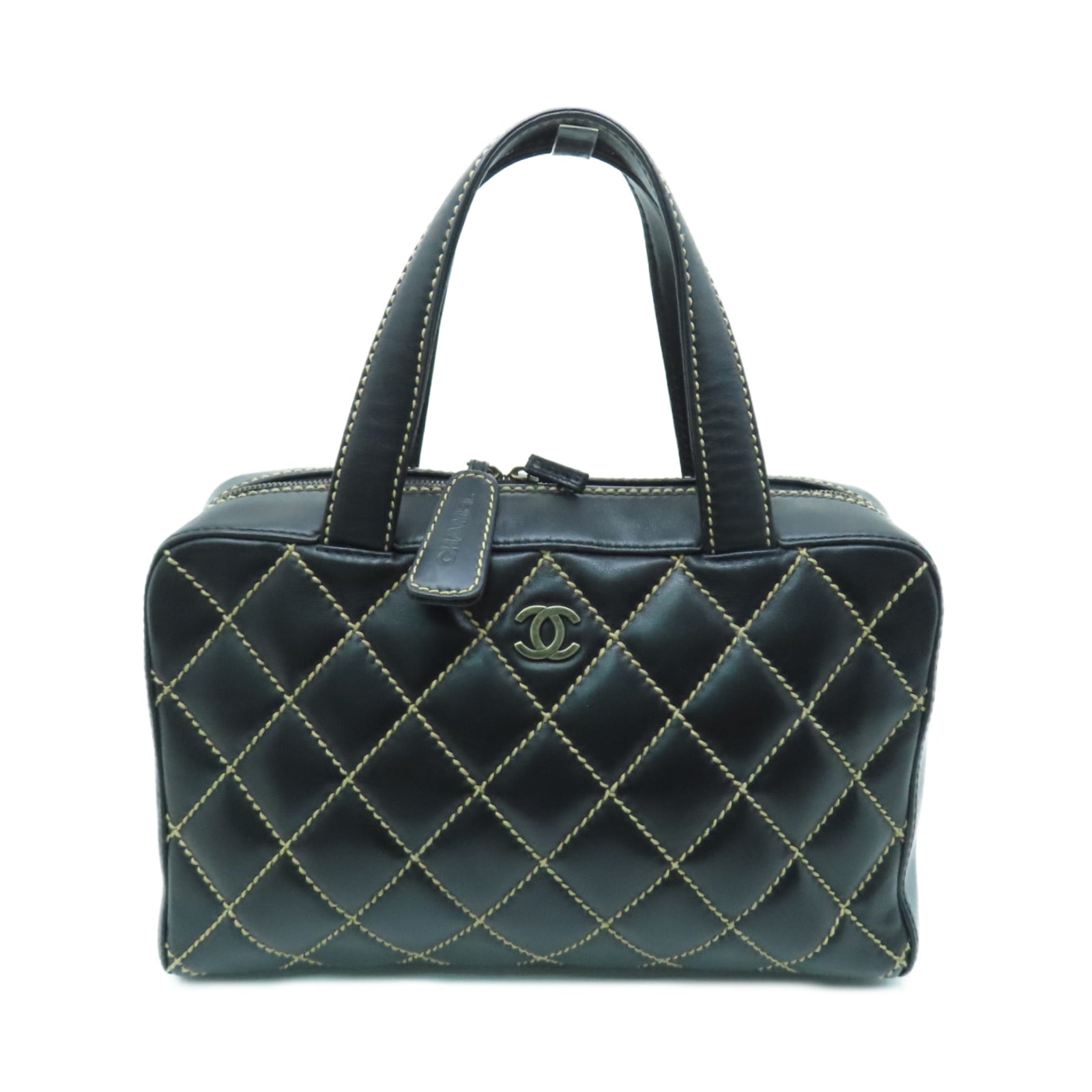CHANEL 菱格牛皮皮革Handbag金扣手挽袋黑色