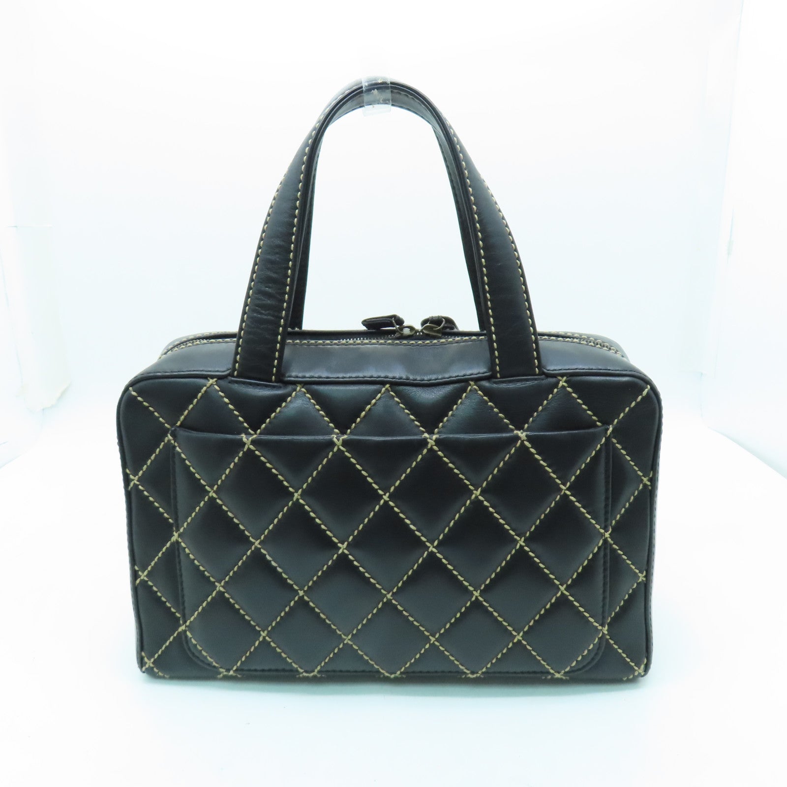 CHANEL 菱格牛皮皮革Handbag金扣手挽袋黑色