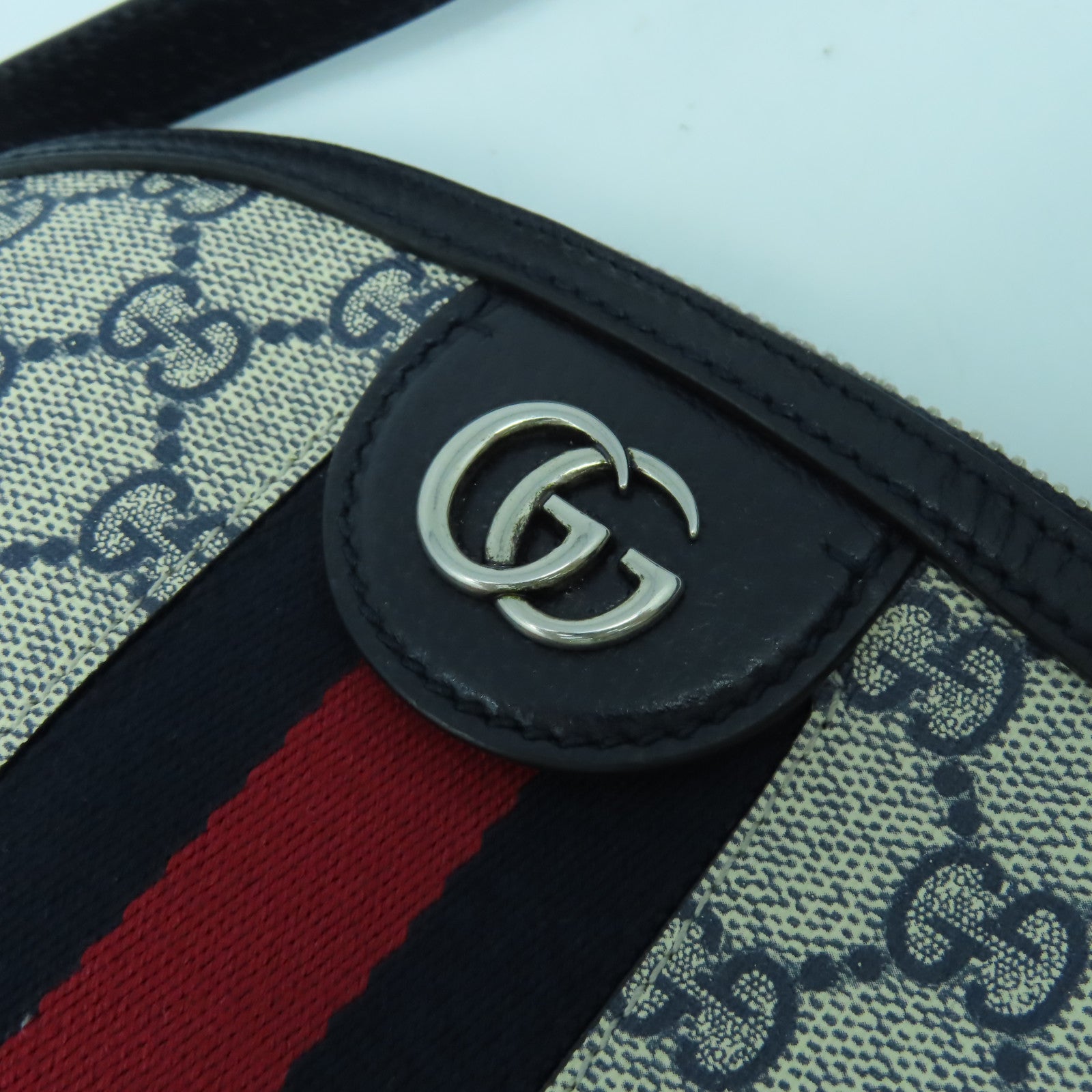 GUCCI 塗層帆布Ophidia銀扣肩背袋深藍色/米色