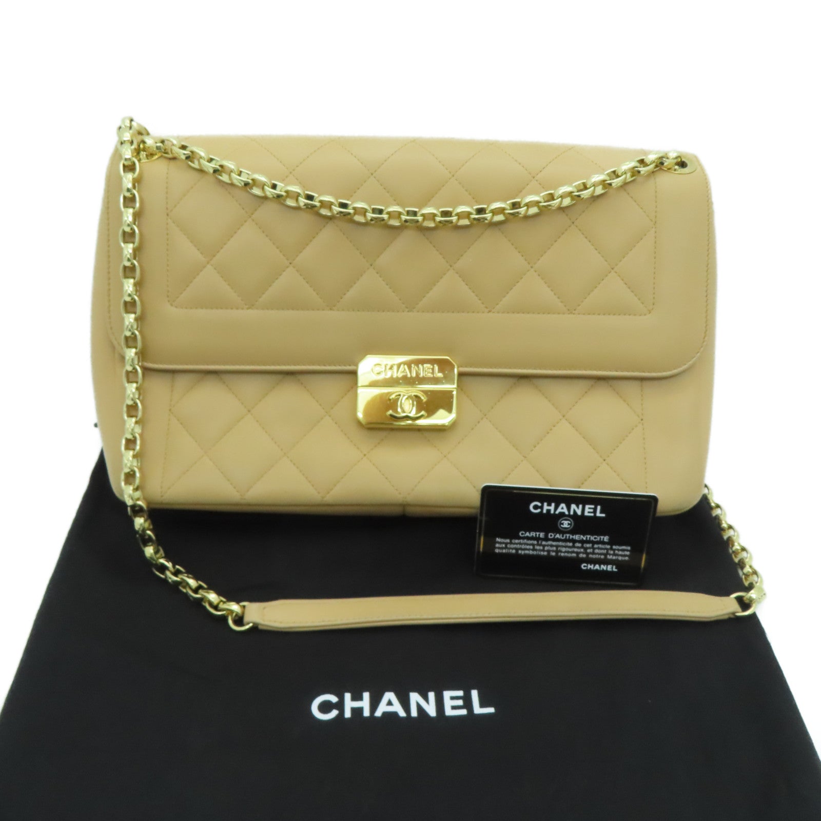 CHANEL 【激減優惠】菱格羊皮皮革Chain Shoulder金扣肩背袋米色