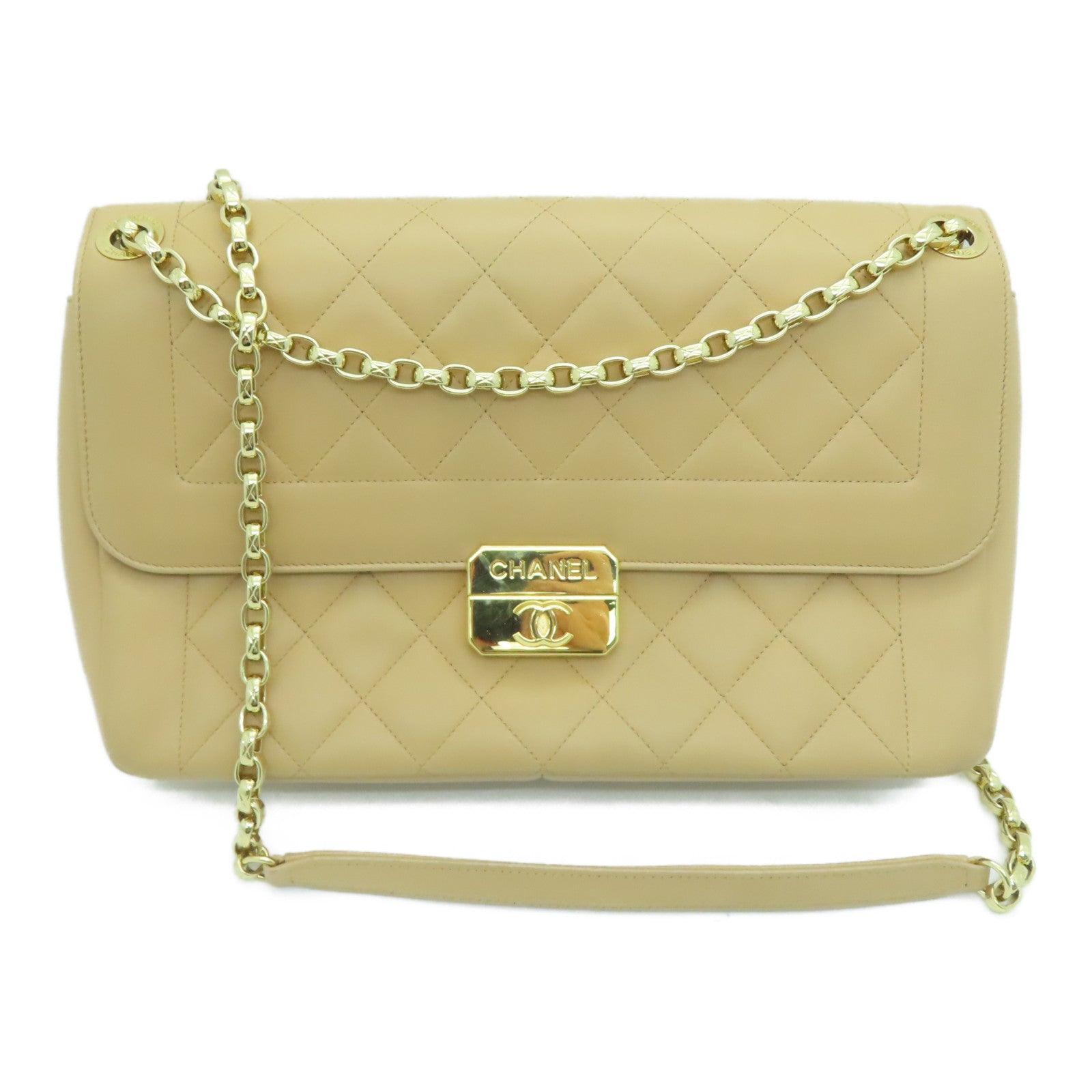 CHANEL 【激減優惠】菱格羊皮皮革Chain Shoulder金扣肩背袋米色