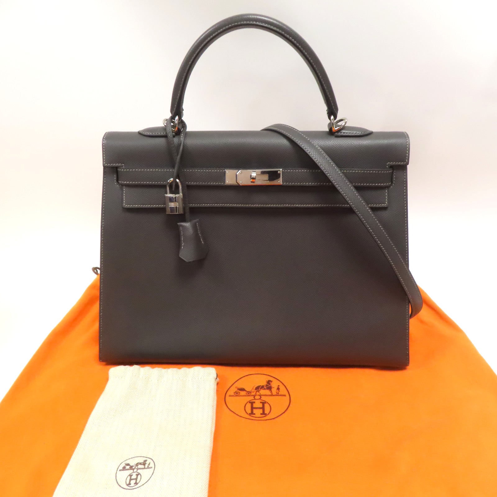 HERMES Epsom皮革Kelly 35銀扣手挽肩背兩用袋灰色
