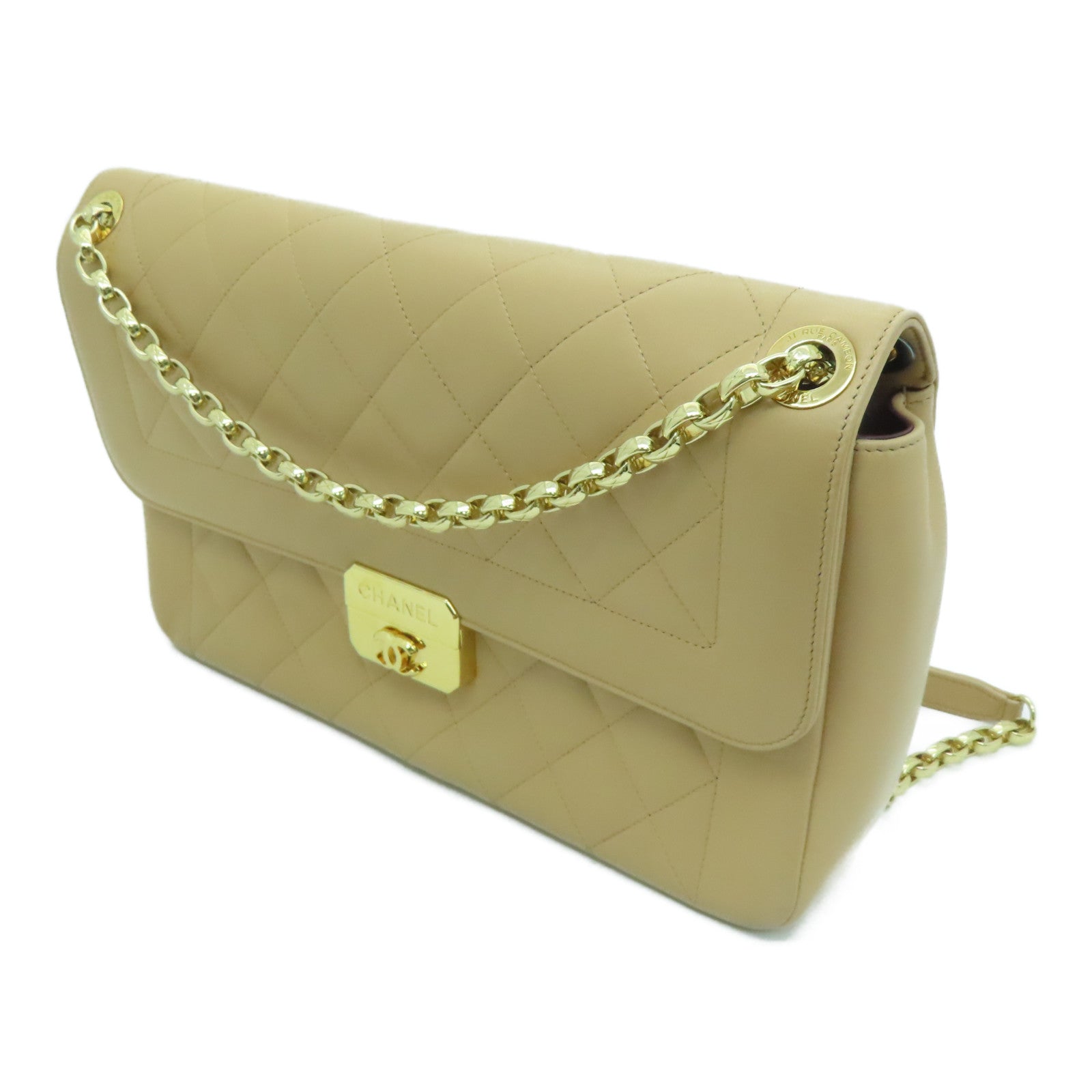 CHANEL 【激減優惠】菱格羊皮皮革Chain Shoulder金扣肩背袋米色