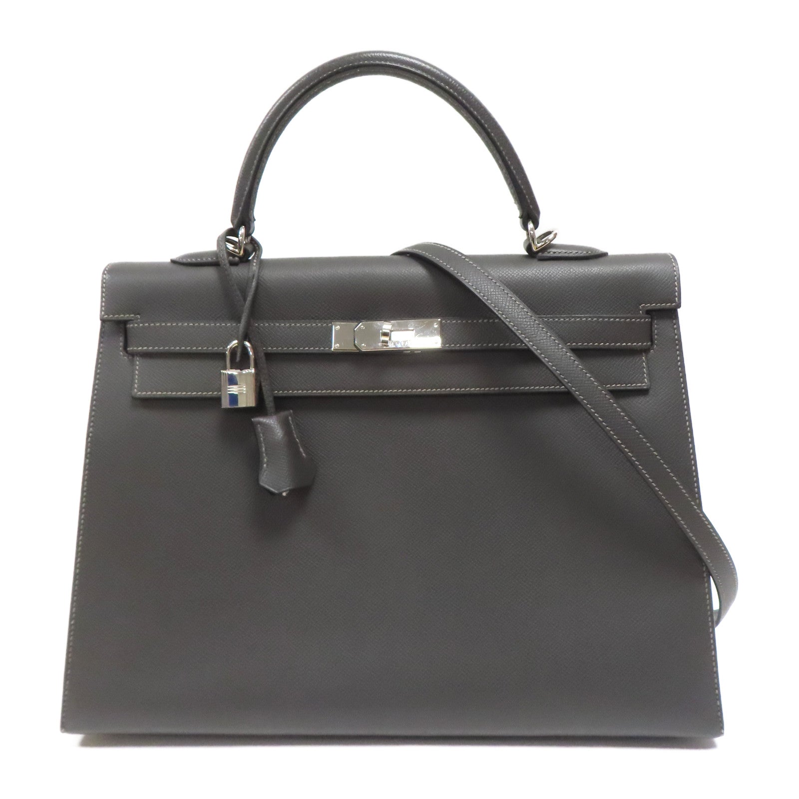 HERMES Epsom皮革Kelly 35銀扣手挽肩背兩用袋灰色