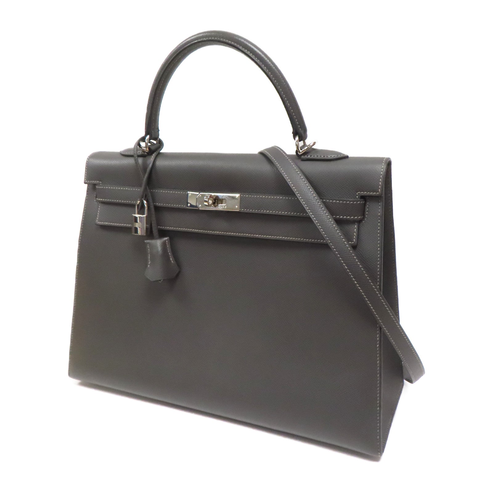 HERMES Epsom皮革Kelly 35銀扣手挽肩背兩用袋灰色