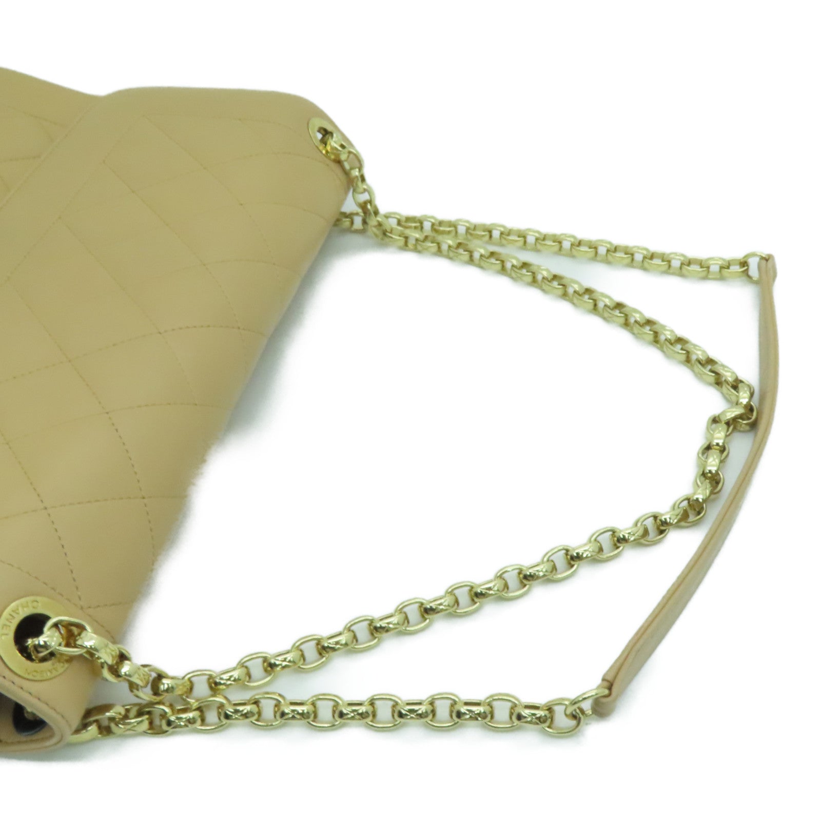 CHANEL 【激減優惠】菱格羊皮皮革Chain Shoulder金扣肩背袋米色