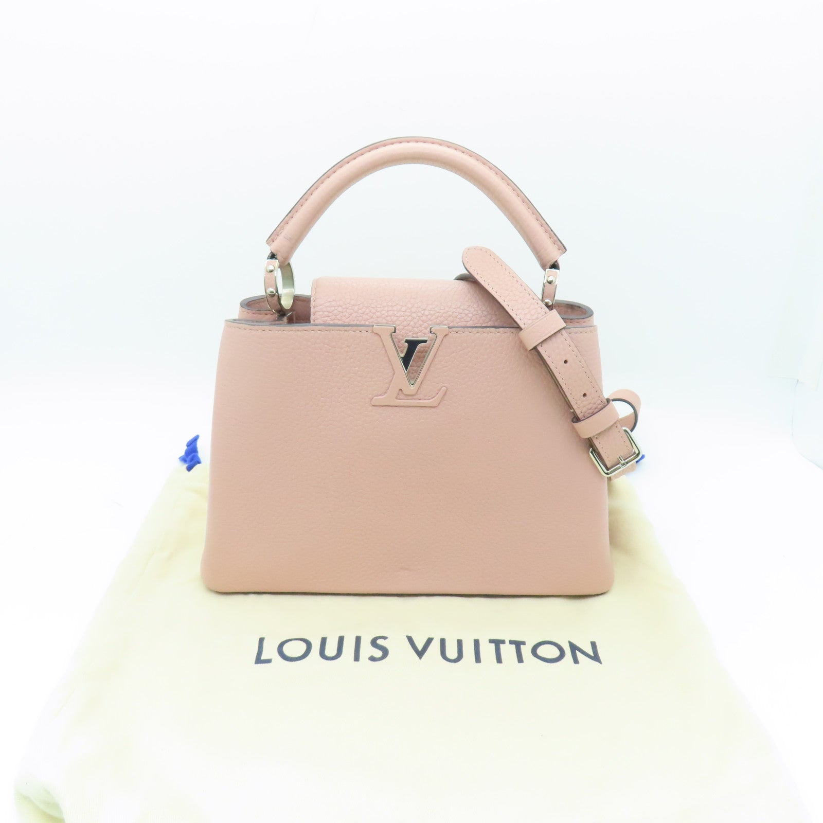 LOUIS VUITTON 牛皮皮革Capucines銀扣肩背袋粉紅色