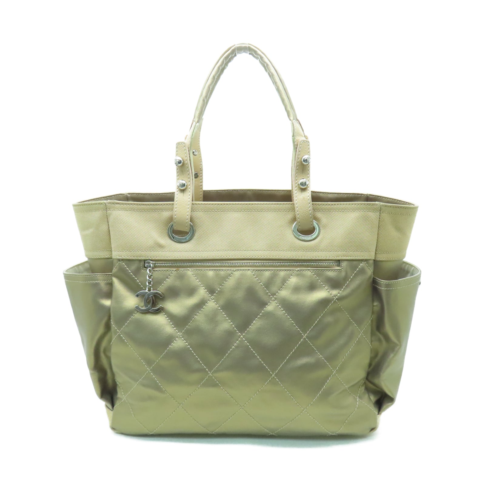 CHANEL 菱格帆布Tote Bag銀扣手挽袋金色