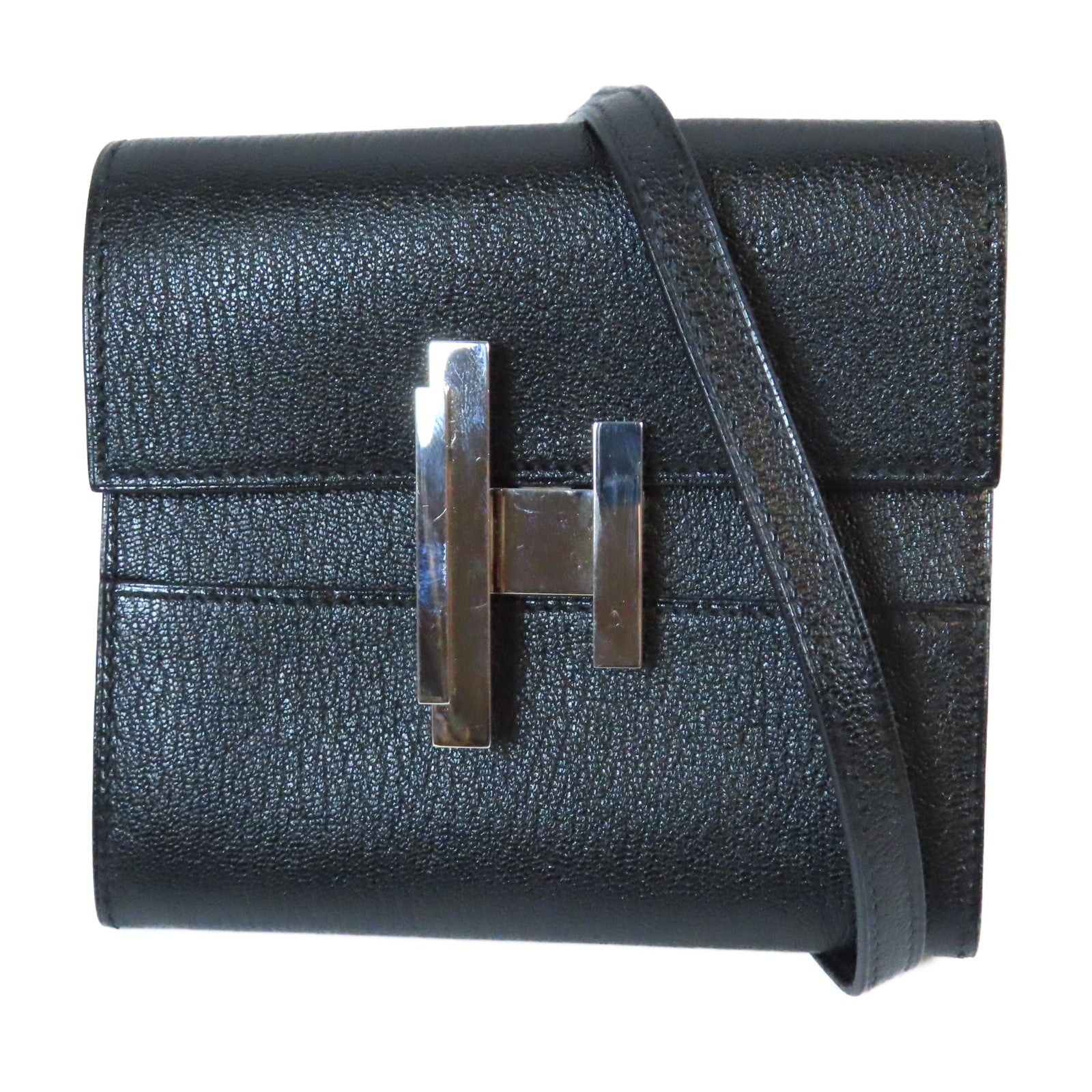 HERMES Chevre皮革Cinhetic Mini銀扣肩背袋黑色