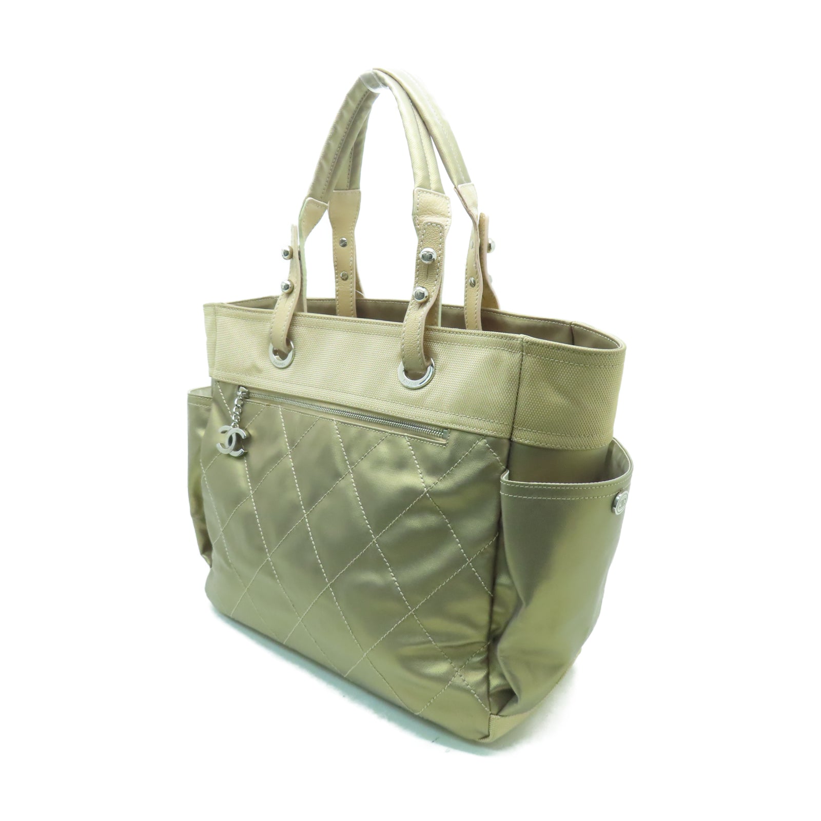 CHANEL 菱格帆布Tote Bag銀扣手挽袋金色