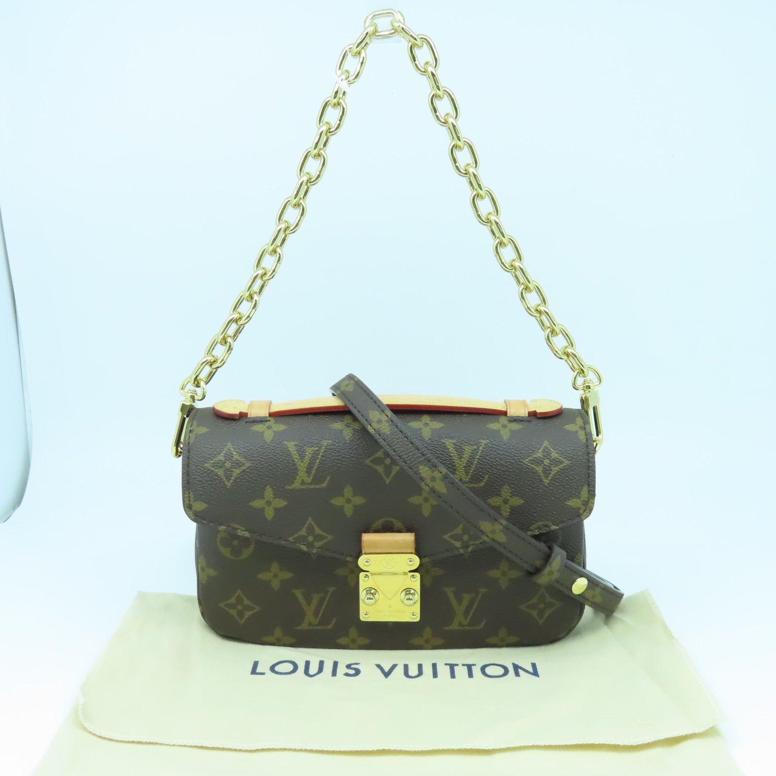 LOUIS VUITTON Monogram Pochette Metis East West金扣鏈帶手挽肩背兩用袋啡色