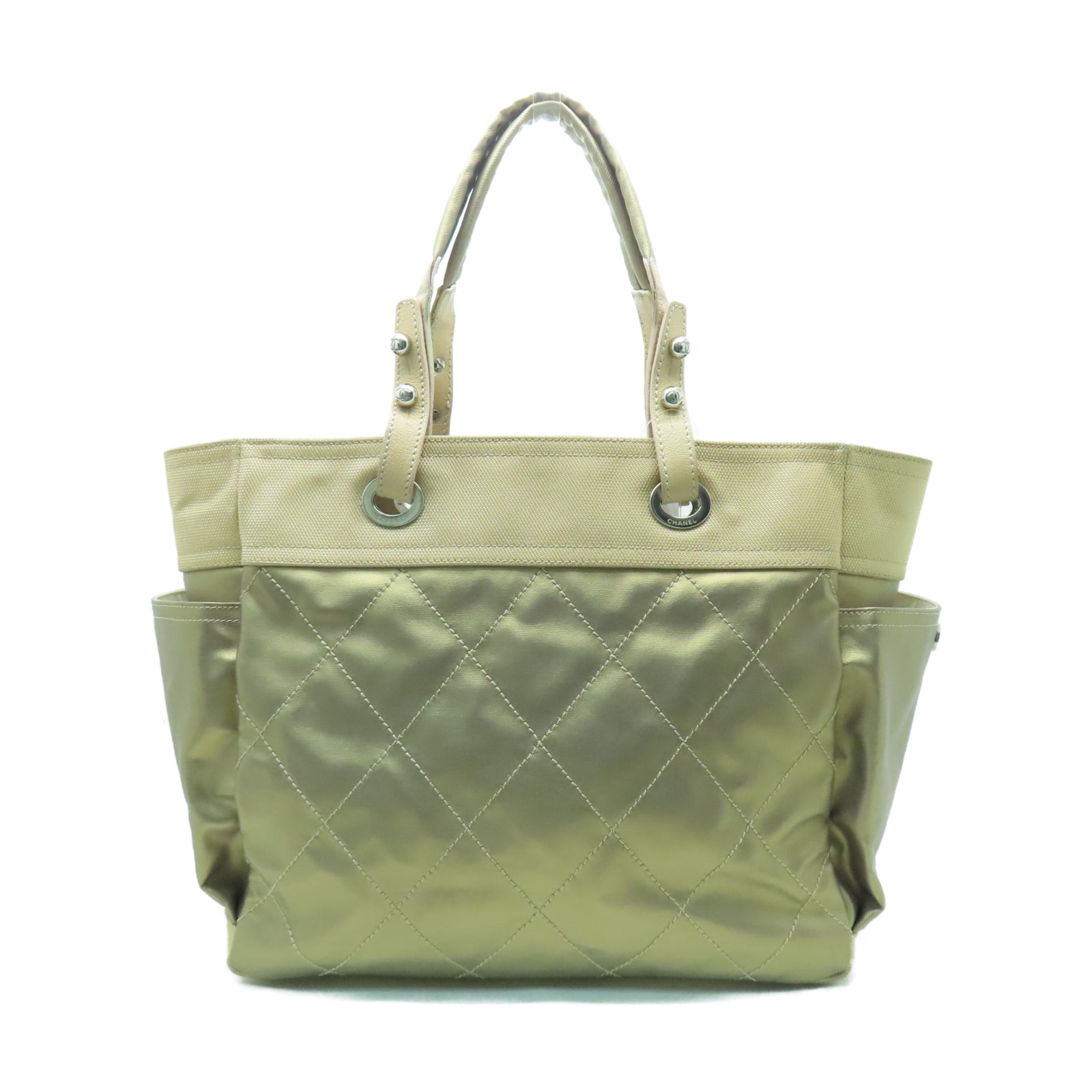 CHANEL 菱格帆布Tote Bag銀扣手挽袋金色