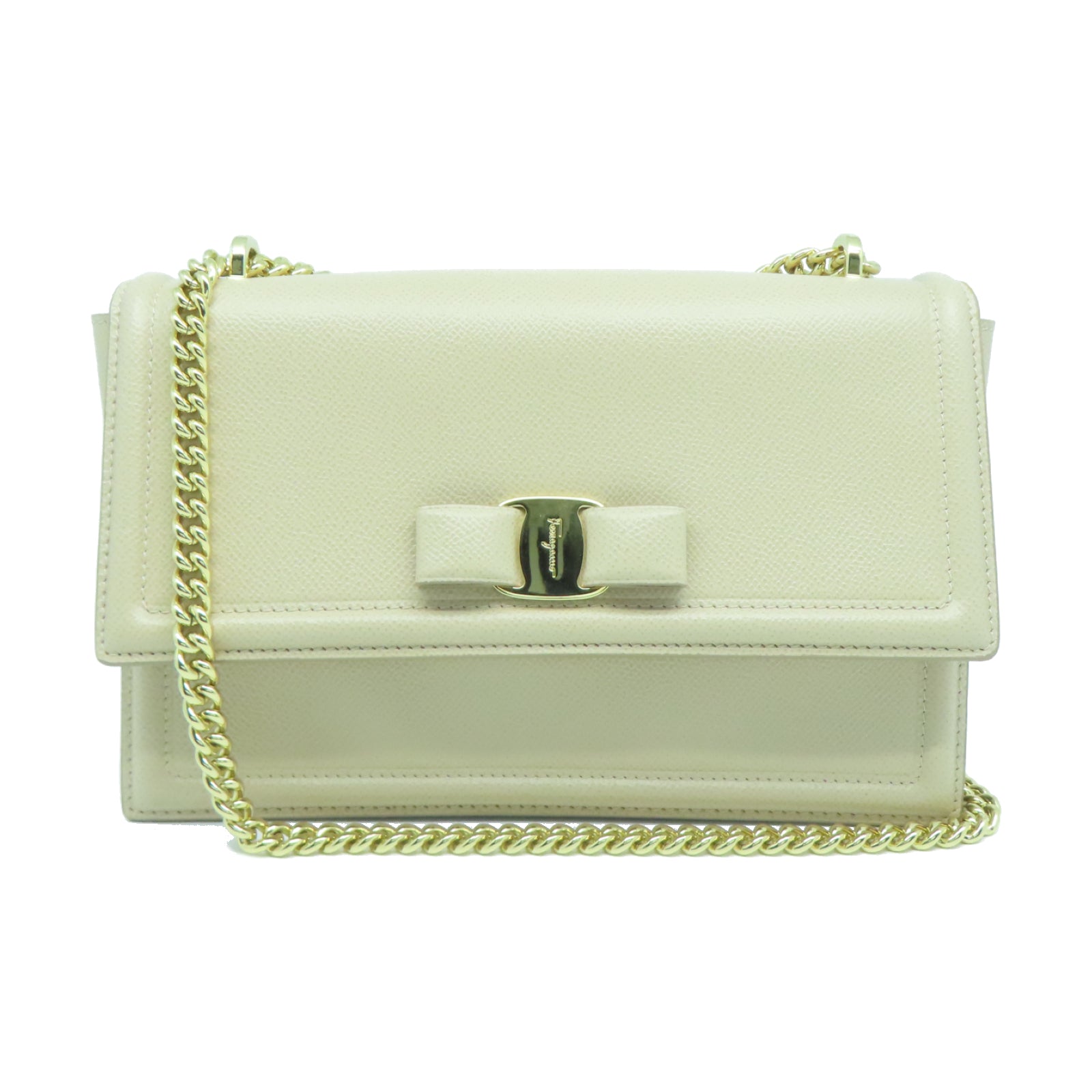 Salvatore Ferragamo 牛皮皮革Shoulder Bag金扣鏈帶肩背袋米色