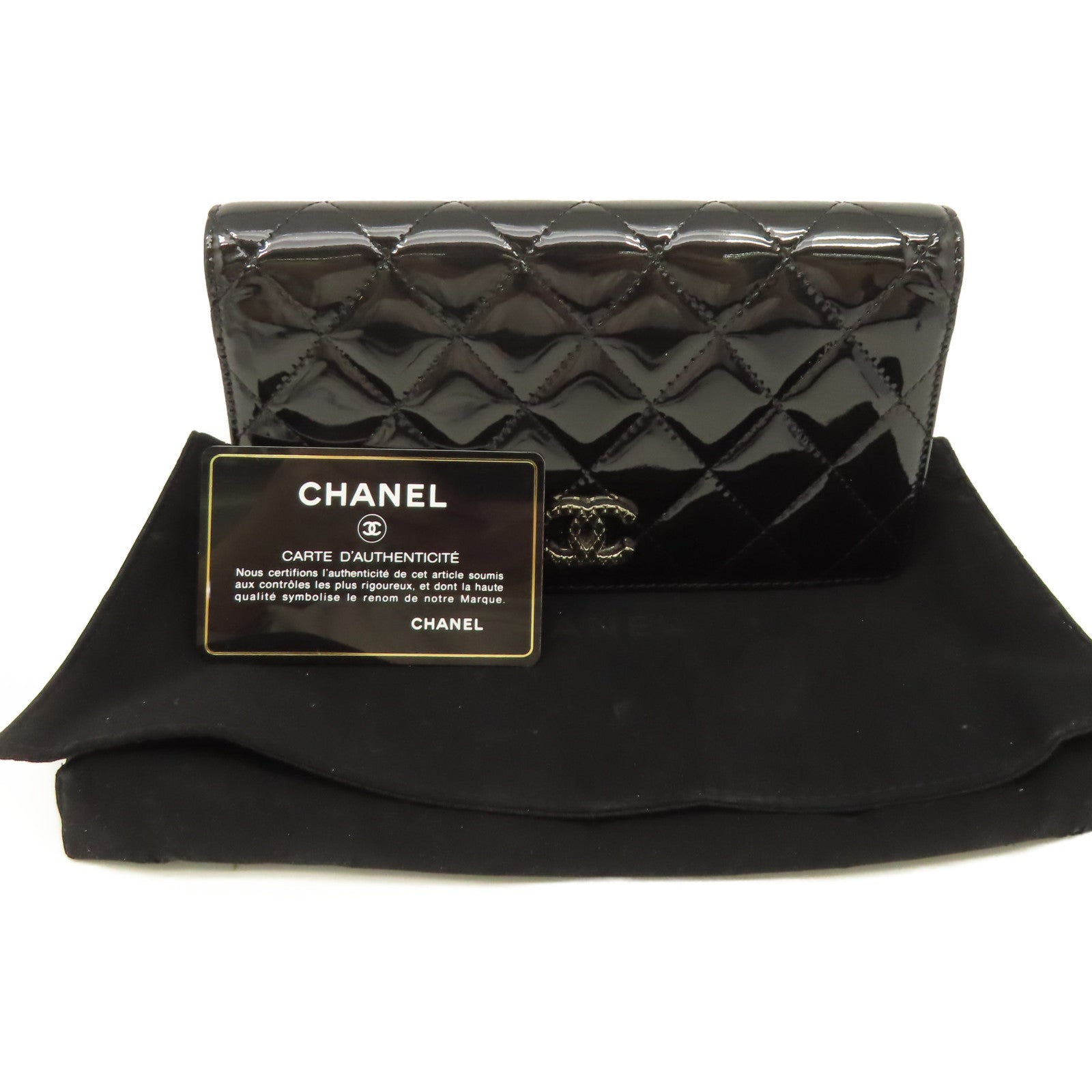 CHANEL 菱格漆皮皮革Long Wallet金扣長錢包黒色