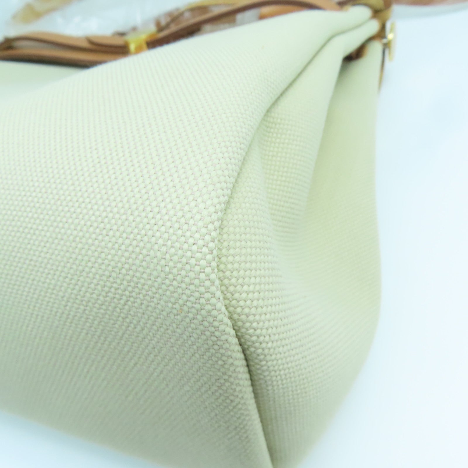 HERMES 帆布Herbag PM金扣手挽肩背兩用袋奶茶色/馬鞍皮駝色