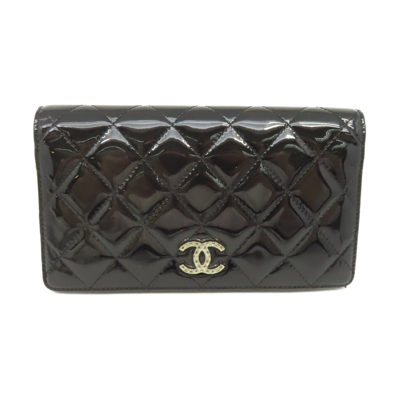 CHANEL 菱格漆皮皮革Long Wallet金扣長錢包黒色