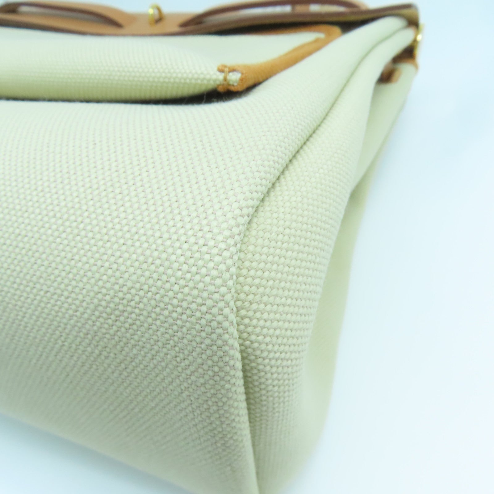 HERMES 帆布Herbag PM金扣手挽肩背兩用袋奶茶色/馬鞍皮駝色