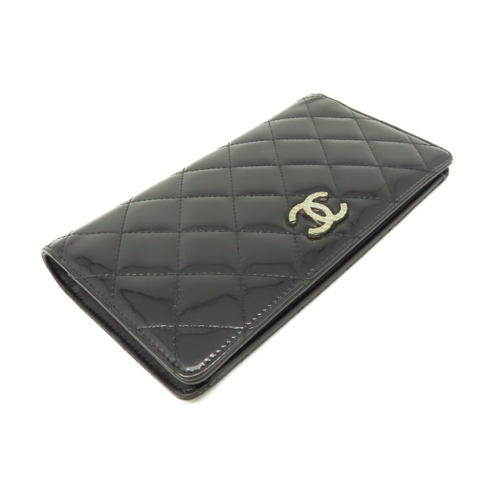 CHANEL 菱格漆皮皮革Long Wallet金扣長錢包黒色