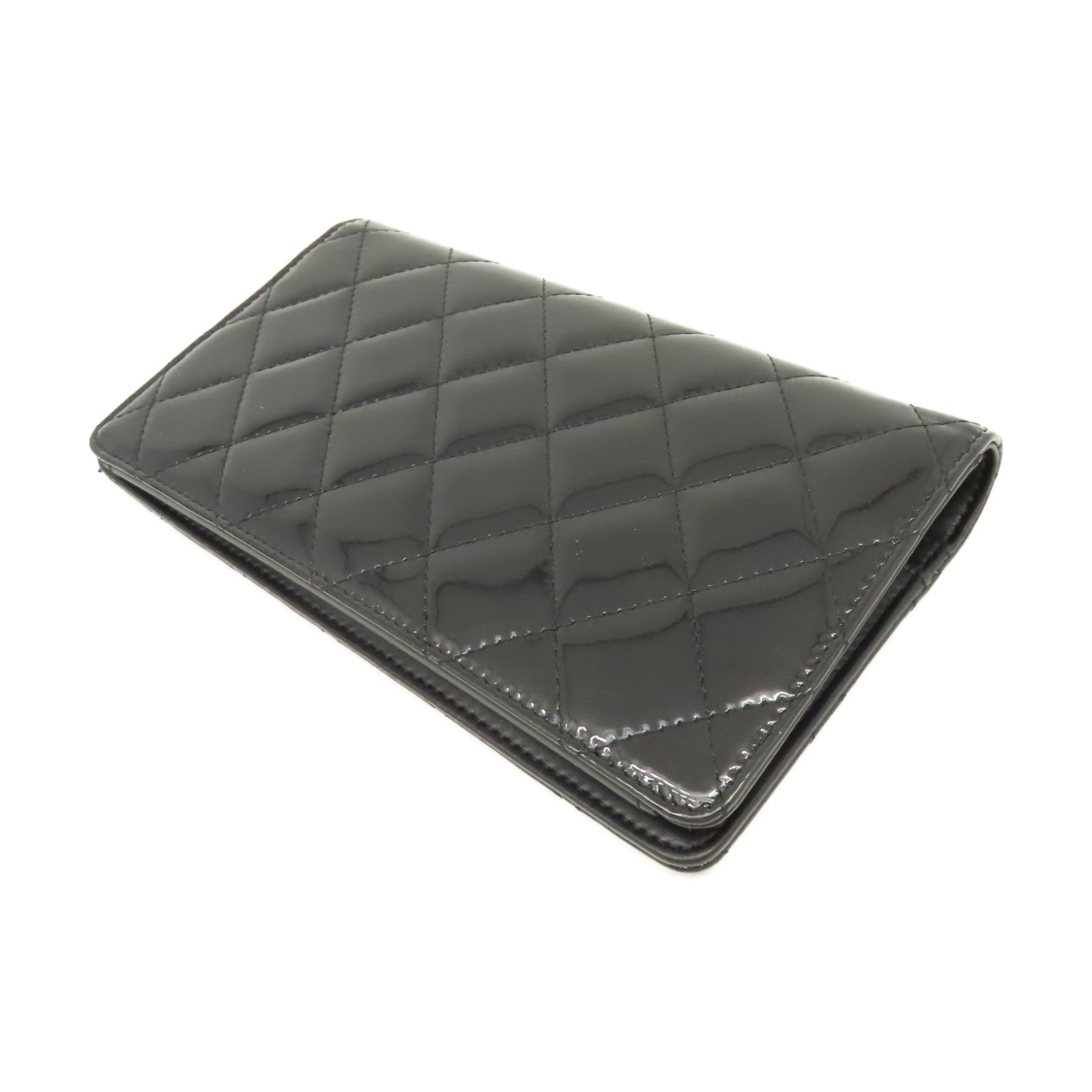 CHANEL 菱格漆皮皮革Long Wallet金扣長錢包黒色