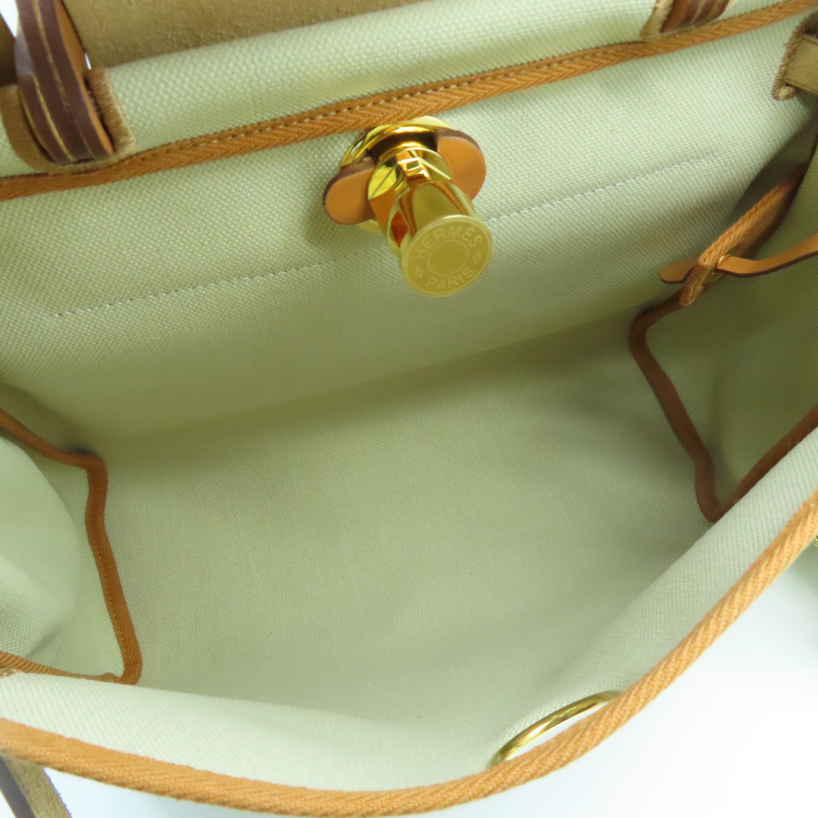 HERMES 帆布Herbag PM金扣手挽肩背兩用袋奶茶色/馬鞍皮駝色