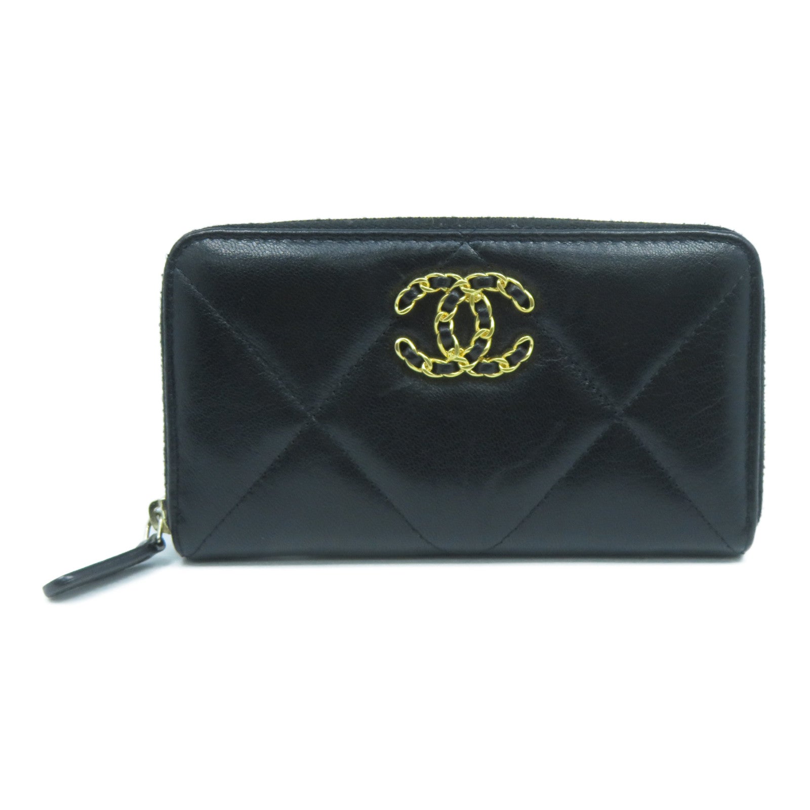 CHANEL 菱格牛皮皮革Wallet金扣錢包黑色