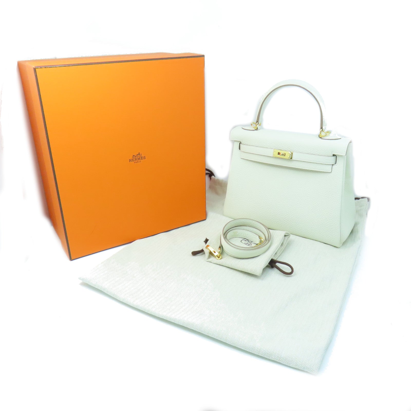 HERMES Togo Leather Kelly 25 Gold Buckle Handle Shoulder Bag White