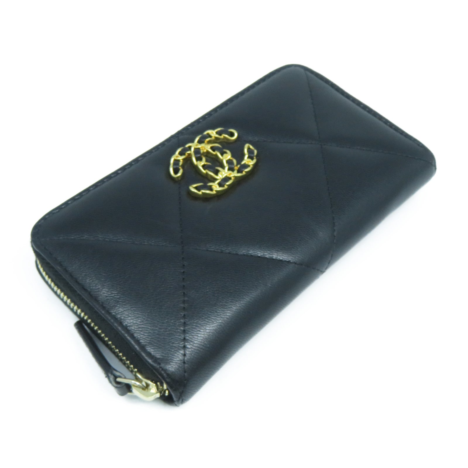 CHANEL 菱格牛皮皮革Wallet金扣錢包黑色