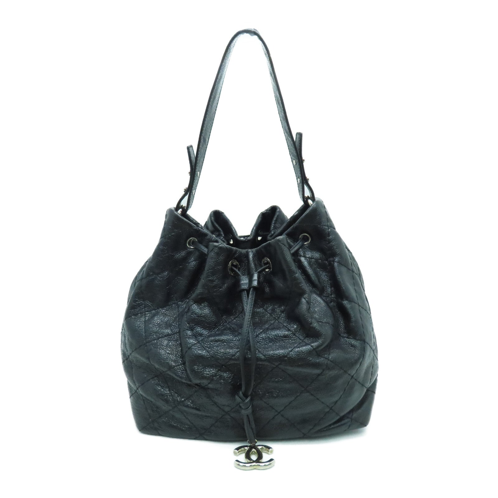 CHANEL 菱格牛皮皮革Shoulder Bag银扣肩背袋黑色