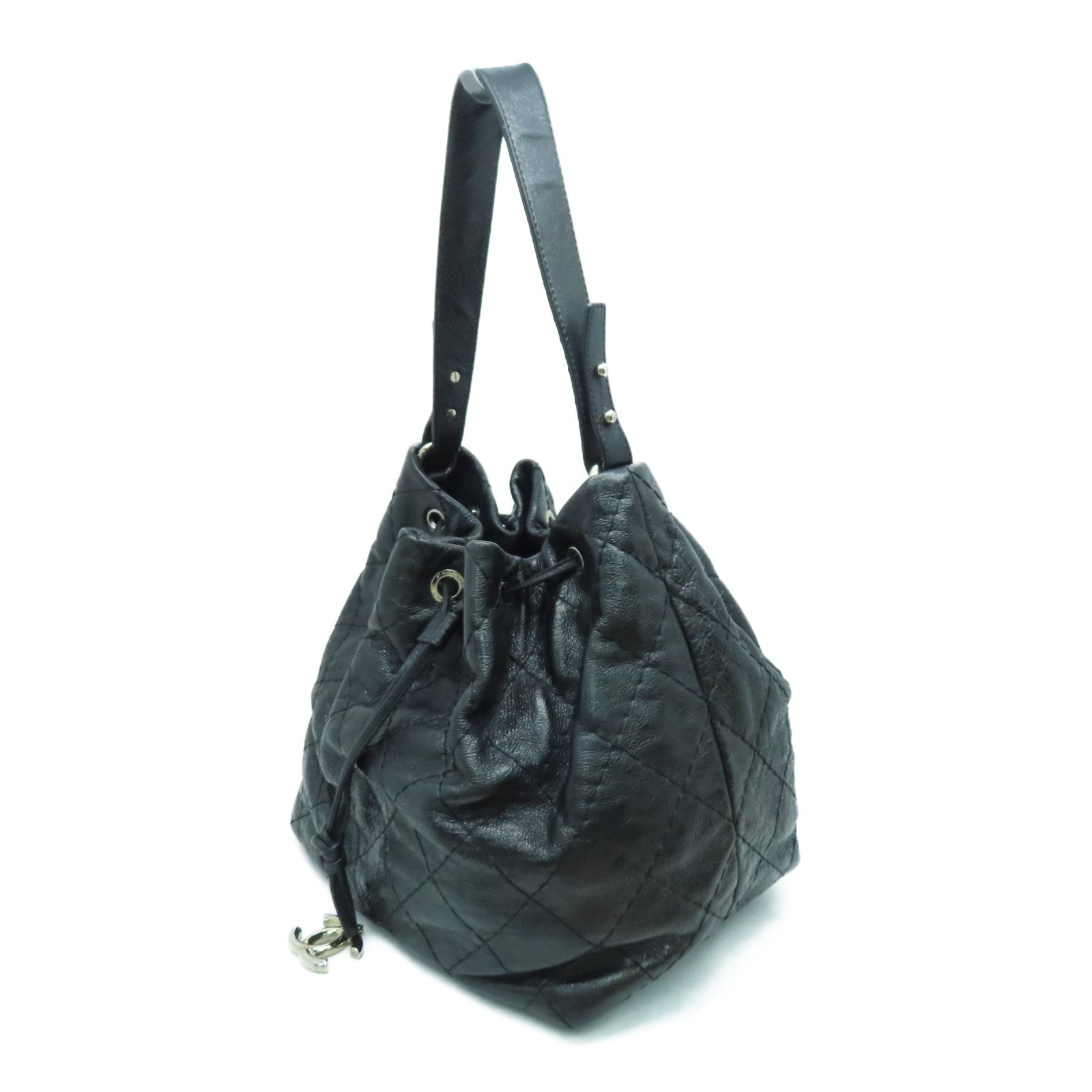 CHANEL 菱格牛皮皮革Shoulder Bag银扣肩背袋黑色
