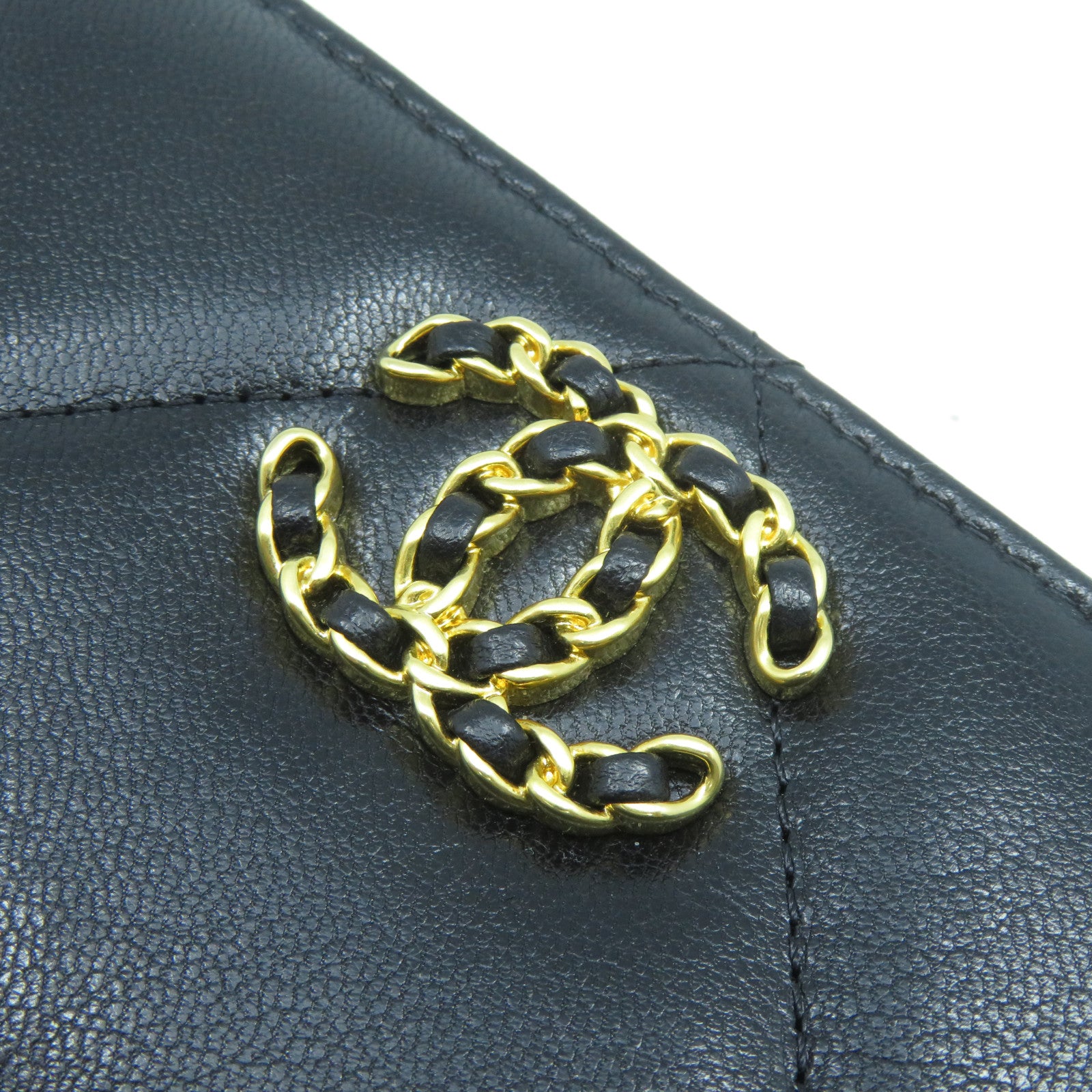 CHANEL 菱格牛皮皮革Wallet金扣錢包黑色