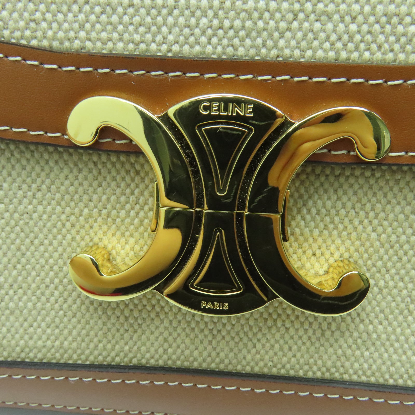 CELINE 帆布/牛皮皮革Triomphe金扣肩背袋米色/啡色