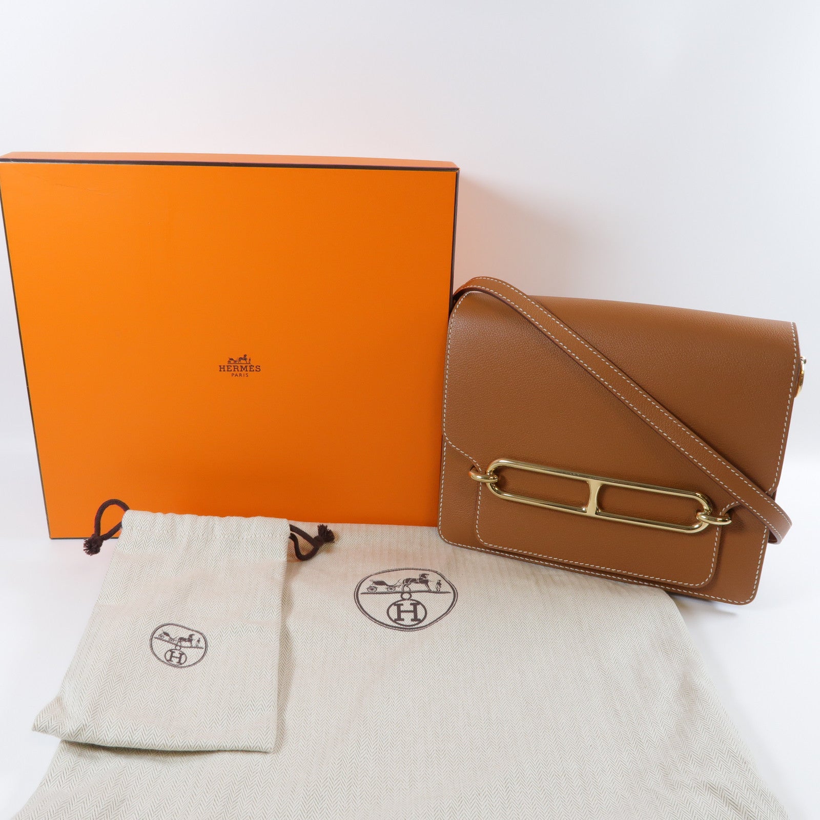 HERMES Evercolor皮革Roulis 23金扣肩背袋Gold經典駝色