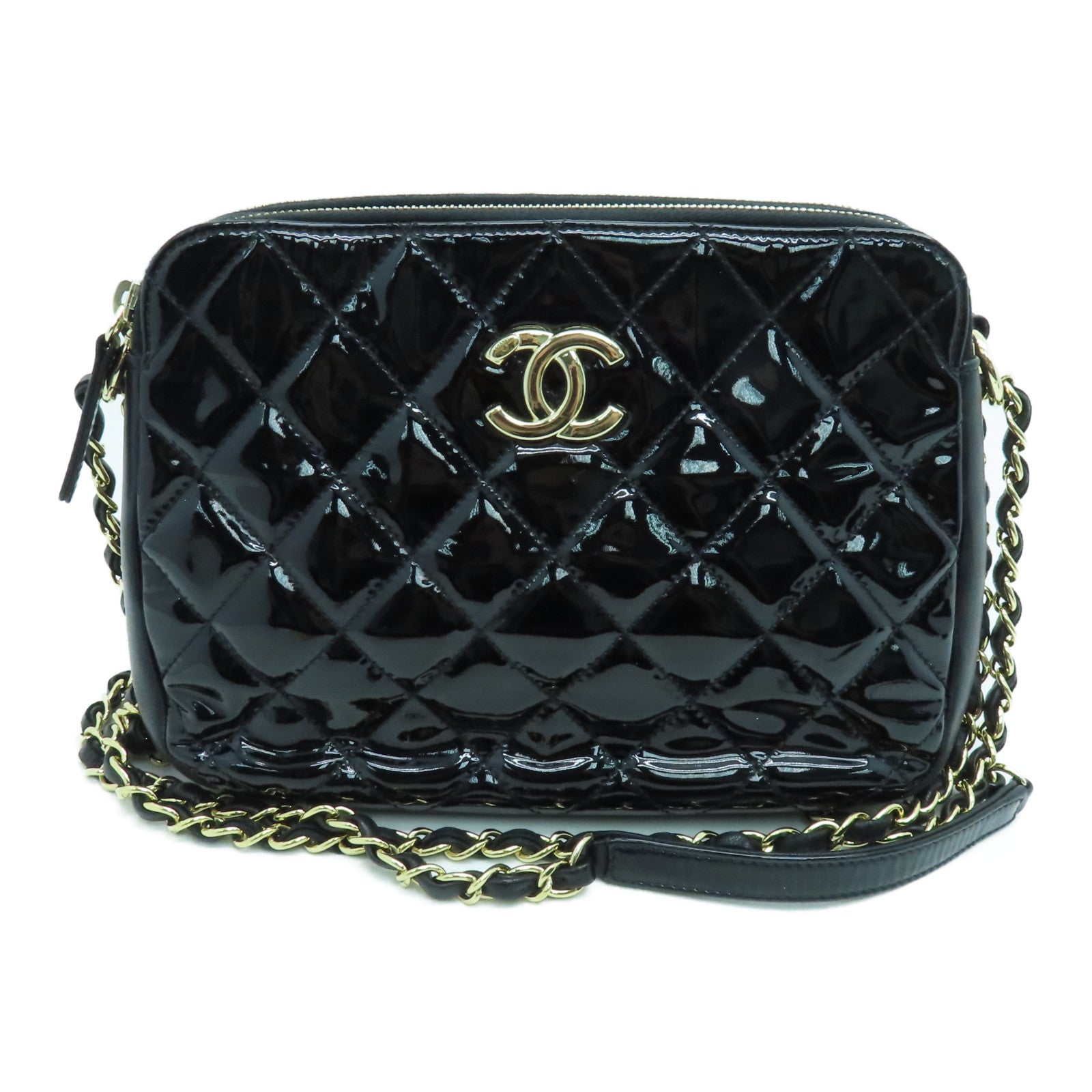 CHANEL 菱格漆皮皮革Chain Shoulder Bag金扣链带肩背袋黑色