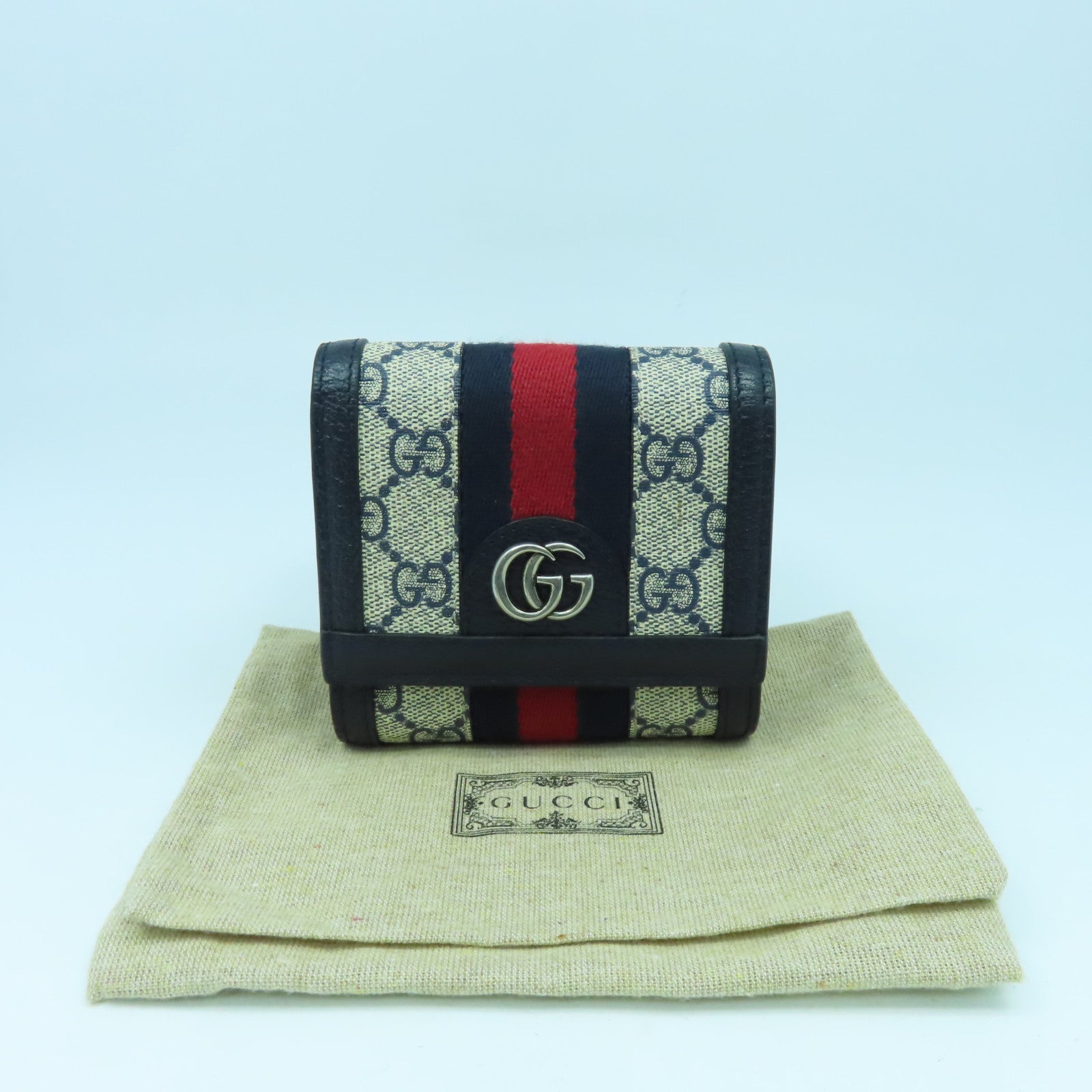 GUCCI 皮革/塗層帆布Wallet銀扣錢包藍色/米色