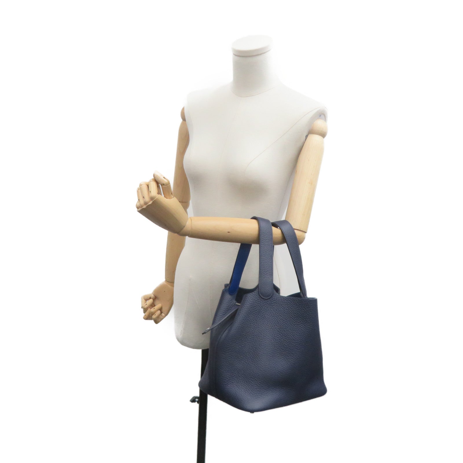 HERMES Swift Leather Picotin MM Tote Bag Silver Buckle Handle Bag Bleu Nuit/Bleu Frace Blue