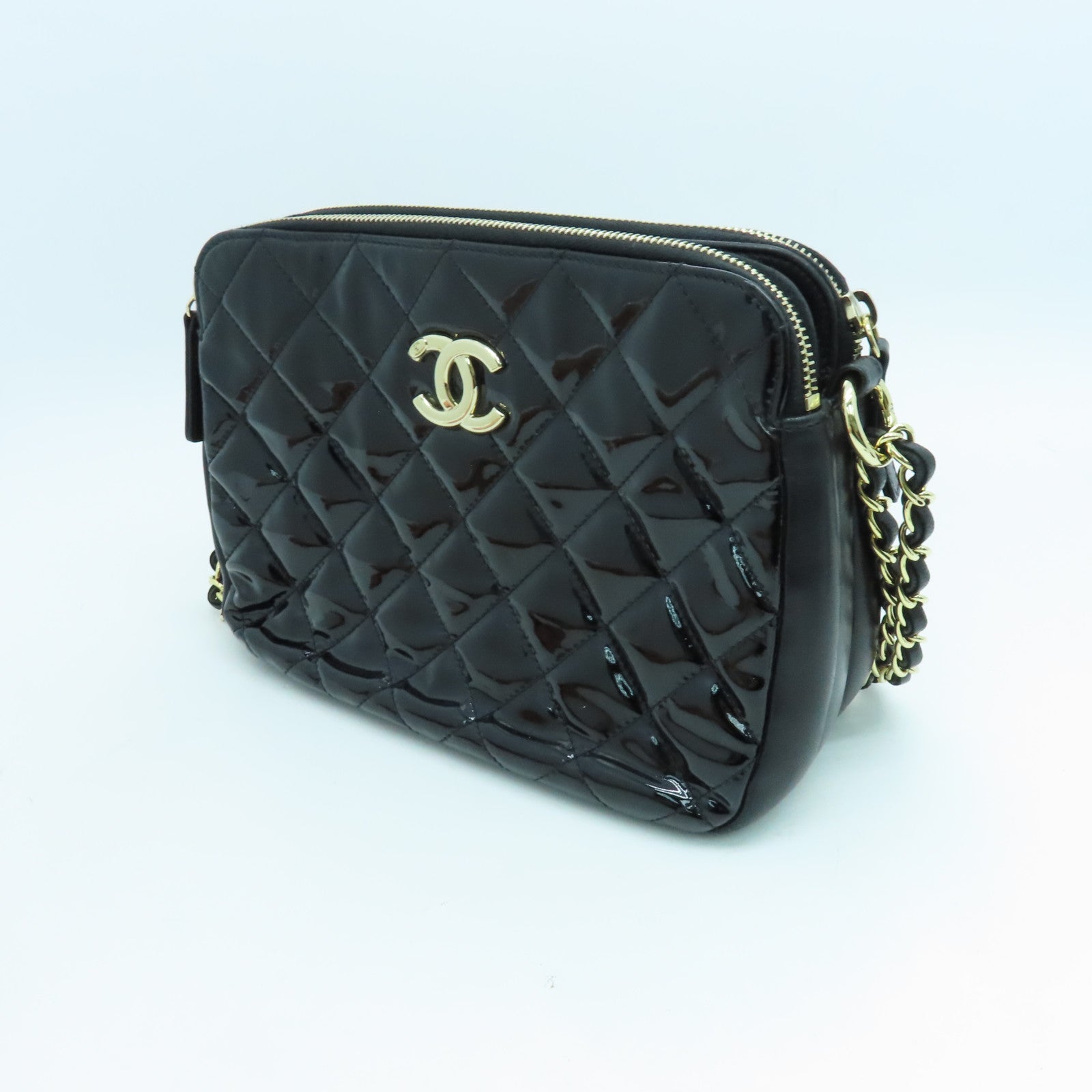 CHANEL 菱格漆皮皮革Chain Shoulder Bag金扣链带肩背袋黑色