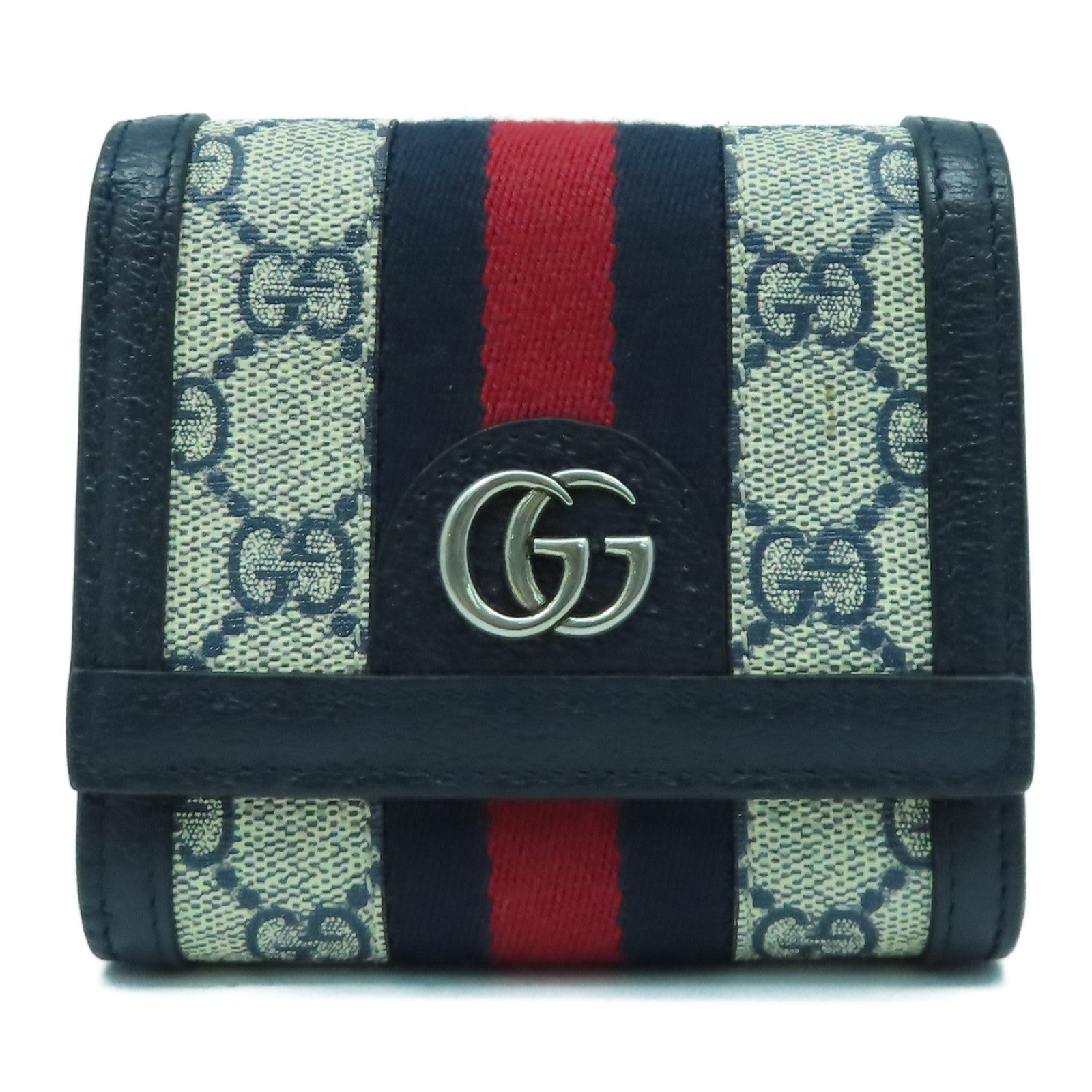 GUCCI 皮革/塗層帆布Wallet銀扣錢包藍色/米色