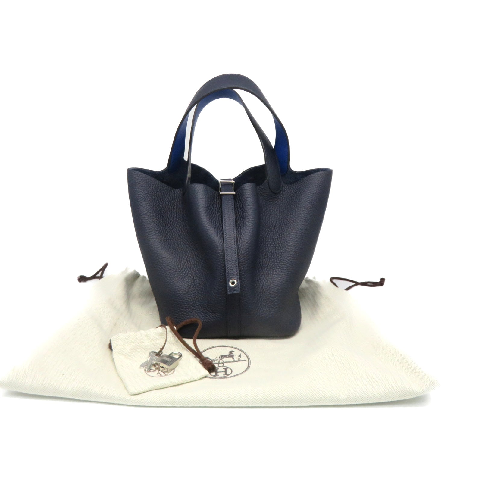 HERMES Swift Leather Picotin MM Tote Bag Silver Buckle Handle Bag Bleu Nuit/Bleu Frace Blue