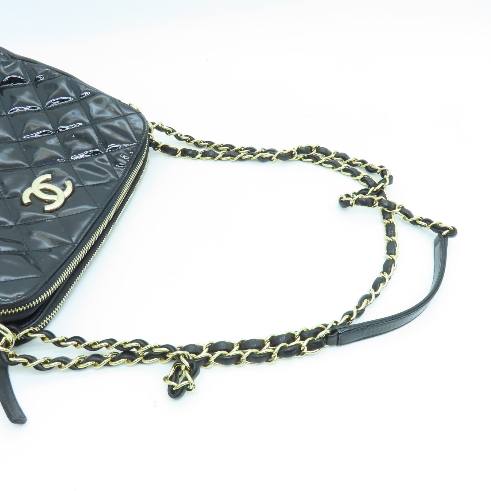 CHANEL 菱格漆皮皮革Chain Shoulder Bag金扣链带肩背袋黑色
