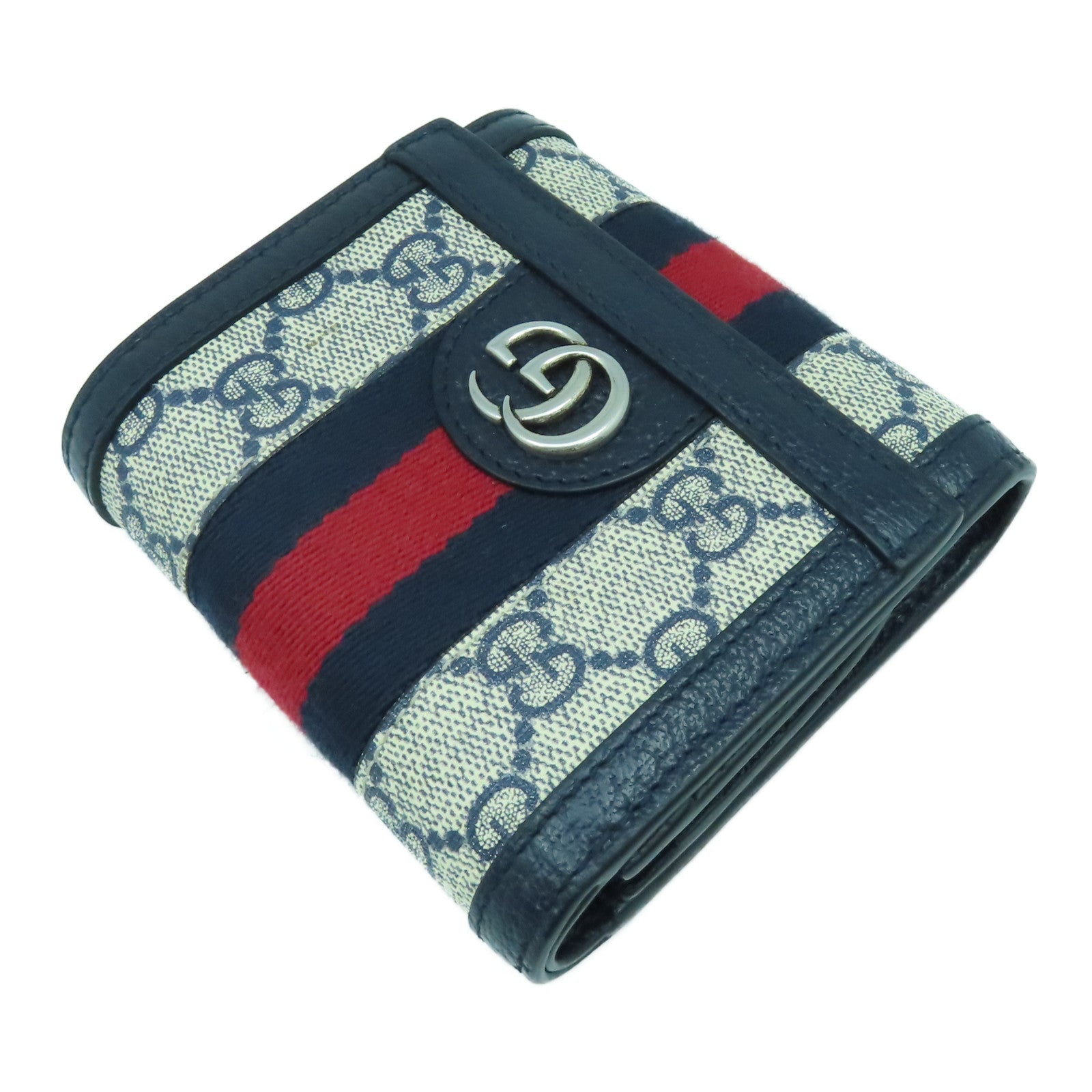 GUCCI 皮革/塗層帆布Wallet銀扣錢包藍色/米色