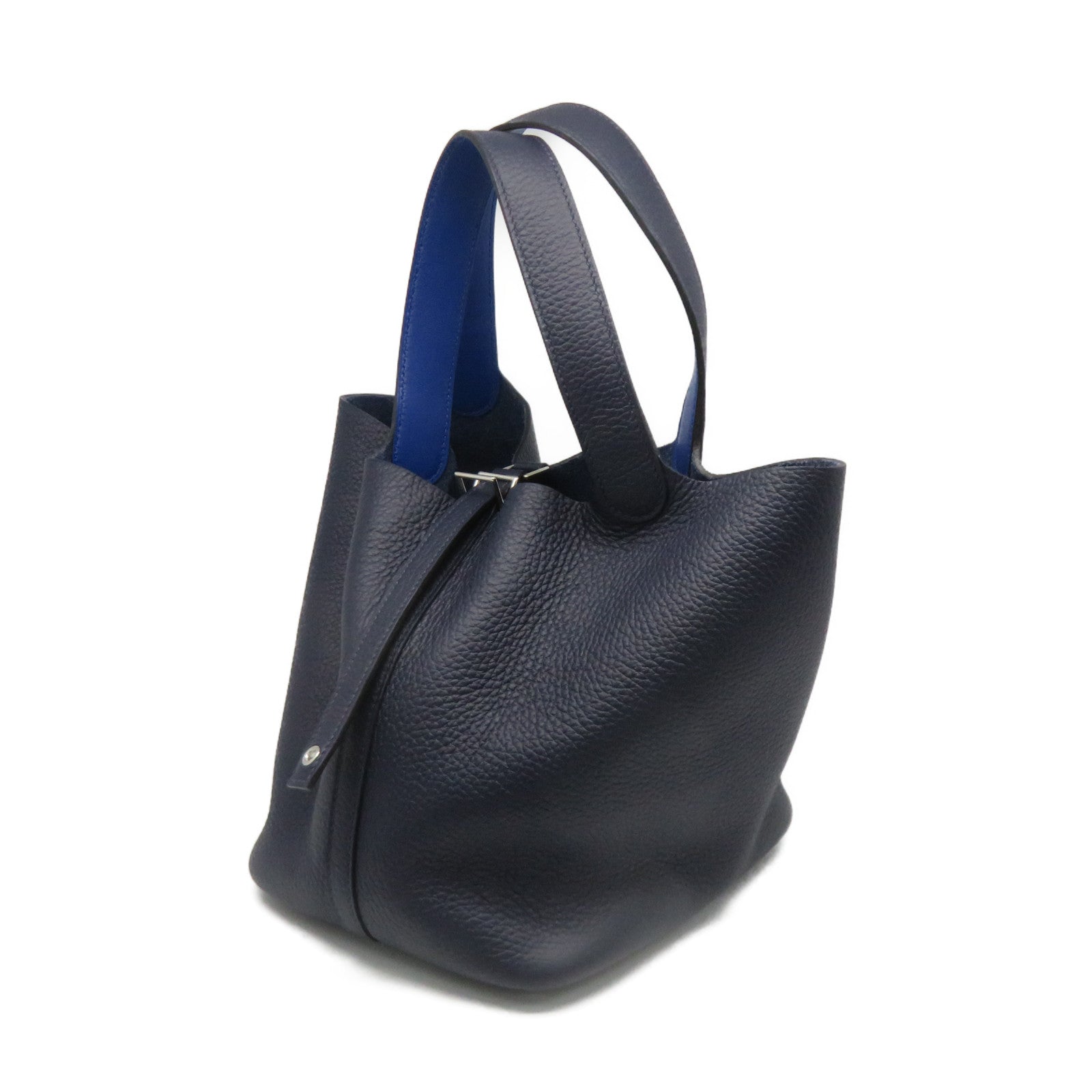 HERMES Swift Leather Picotin MM Tote Bag Silver Buckle Handle Bag Bleu Nuit/Bleu Frace Blue