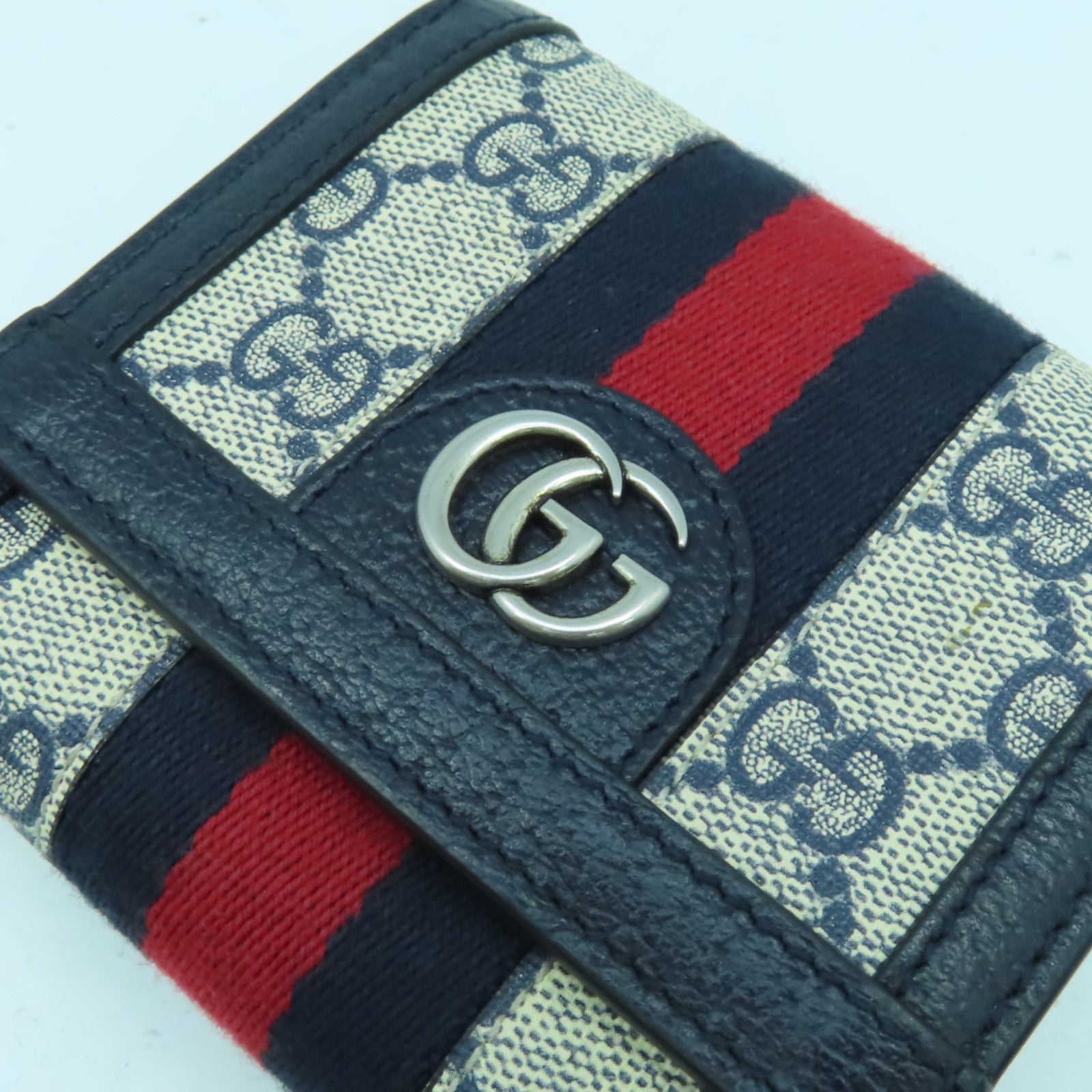 GUCCI 皮革/塗層帆布Wallet銀扣錢包藍色/米色