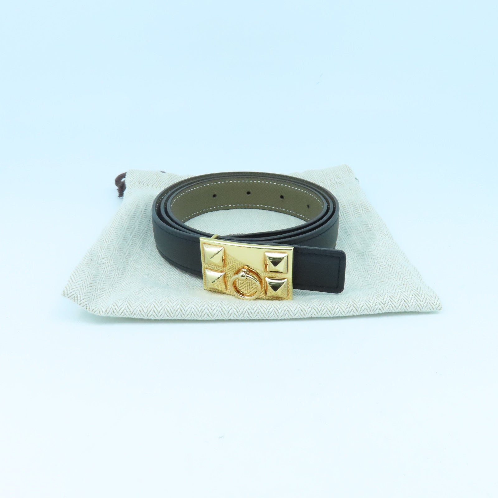 HERMES Epsom皮革/Swift皮革Collier De Chien金扣皮带Black/Etoupe黑色/杏色